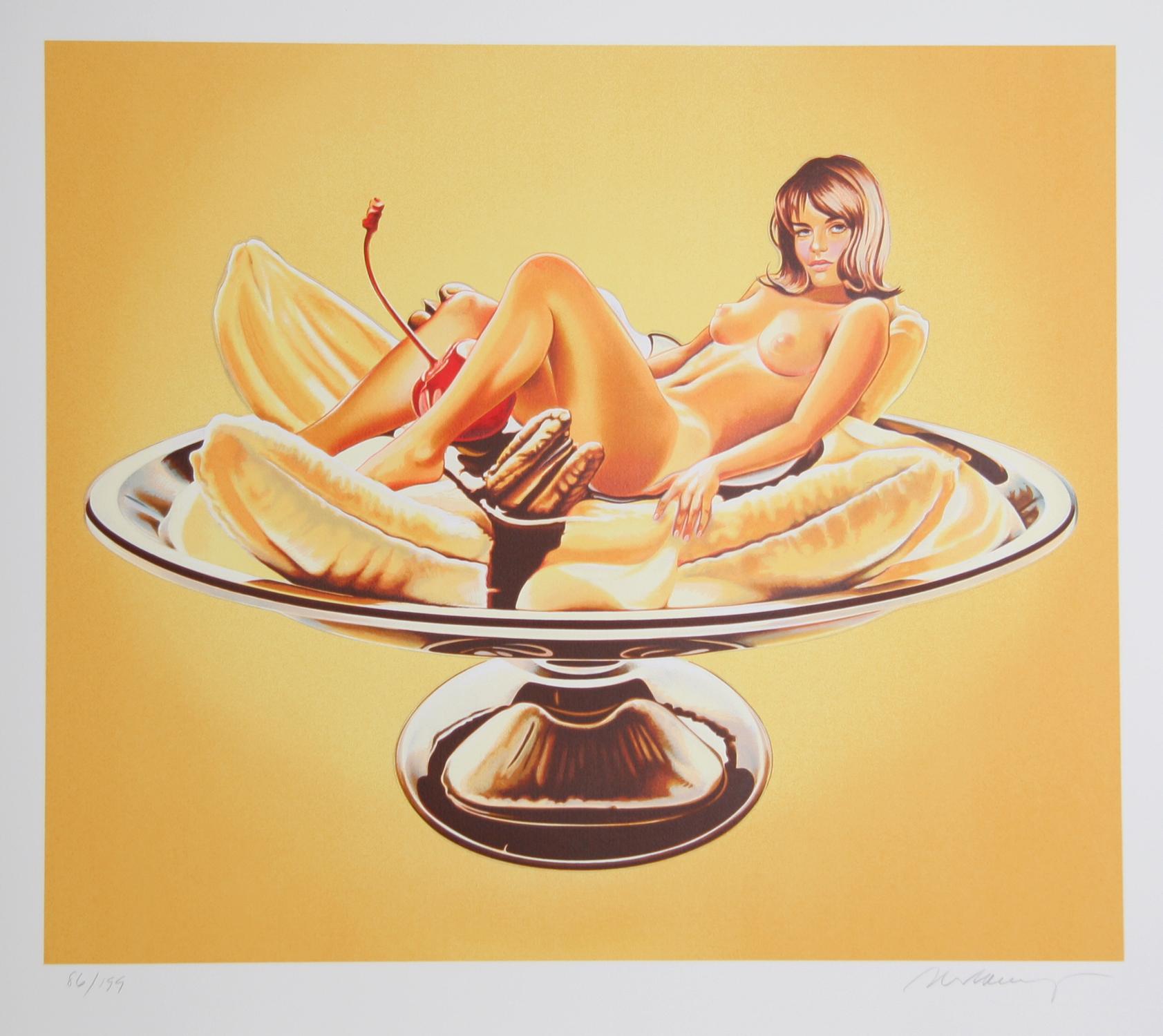 Künstler: Mel Ramos, Amerikaner (1935 - 2018)
Titel: Bananensplit (Sally Duberson)
Jahr: 2000
Medium: Lithographie, mit Bleistift signiert und nummeriert 
Auflage: 199
Papierformat: 36 x 40 Zoll 