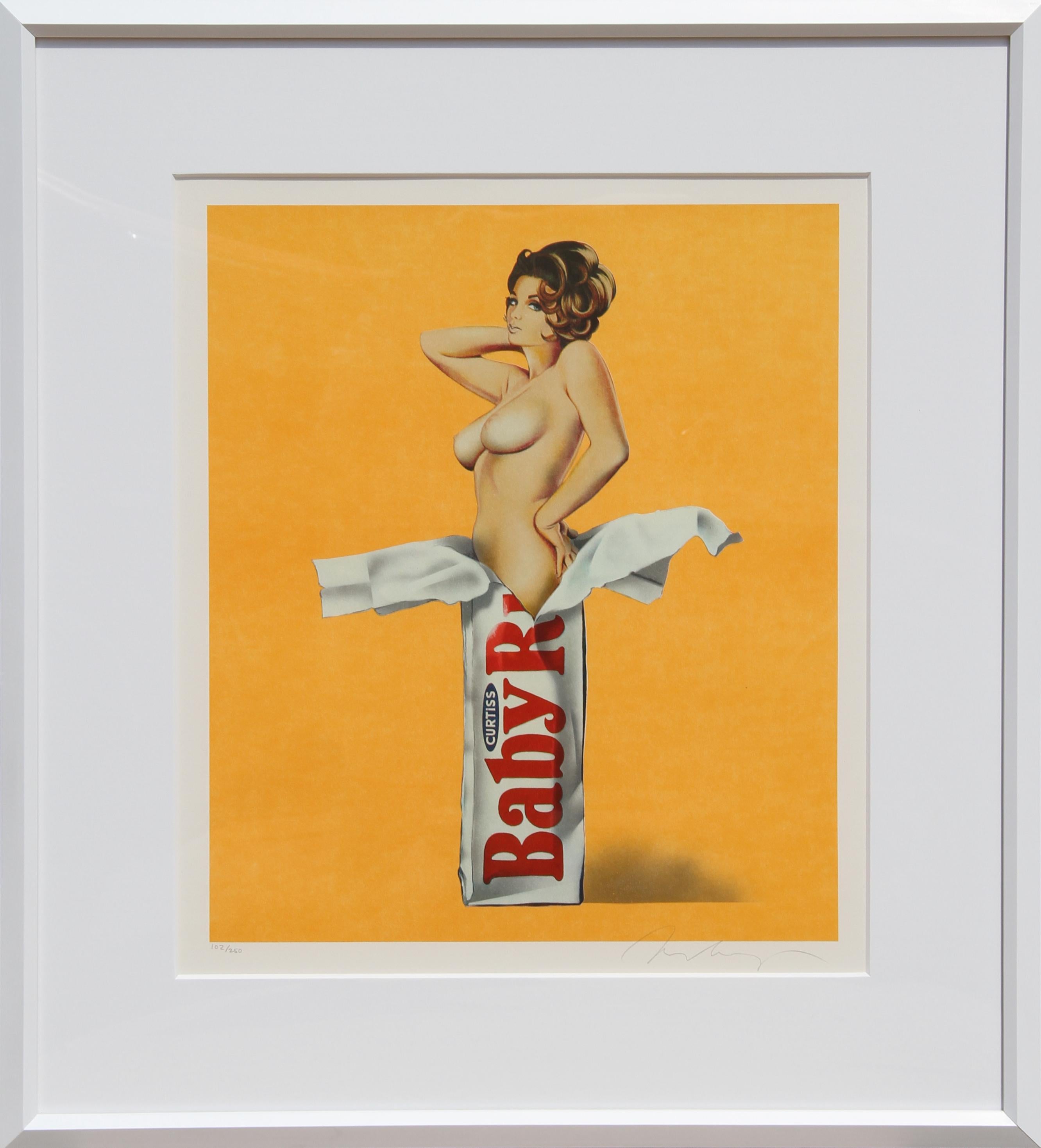 Künstler: Mel Ramos, Amerikaner (1935 - )
Titel: Süßigkeiten (Baby Ruth)
Jahr: 1981
Medium: Lithographie, mit Bleistift signiert und nummeriert 
Auflage: 250
Papierformat: 24,5 Zoll x 20 Zoll (62,23 cm x 50,8 cm)
Rahmen: 28 x 25 Zoll