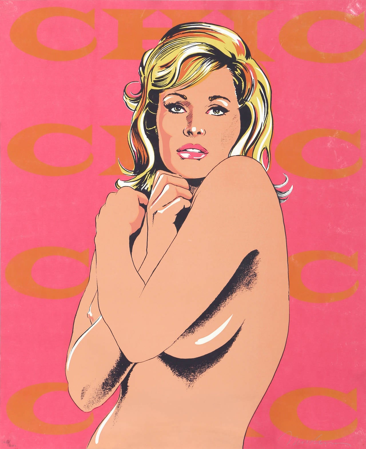 Artist: Mel Ramos, American (1935 - )
Title: Chic from 11 Pop Artists
Year: 1965
Medium: Silkscreen, signed and numbered in pencil
Edition: 200, XXII/L
Size: 24 x 19.5 in. (60.96 x 49.53 cm)

Knickerbocker Machine and Foundry, Inc., New