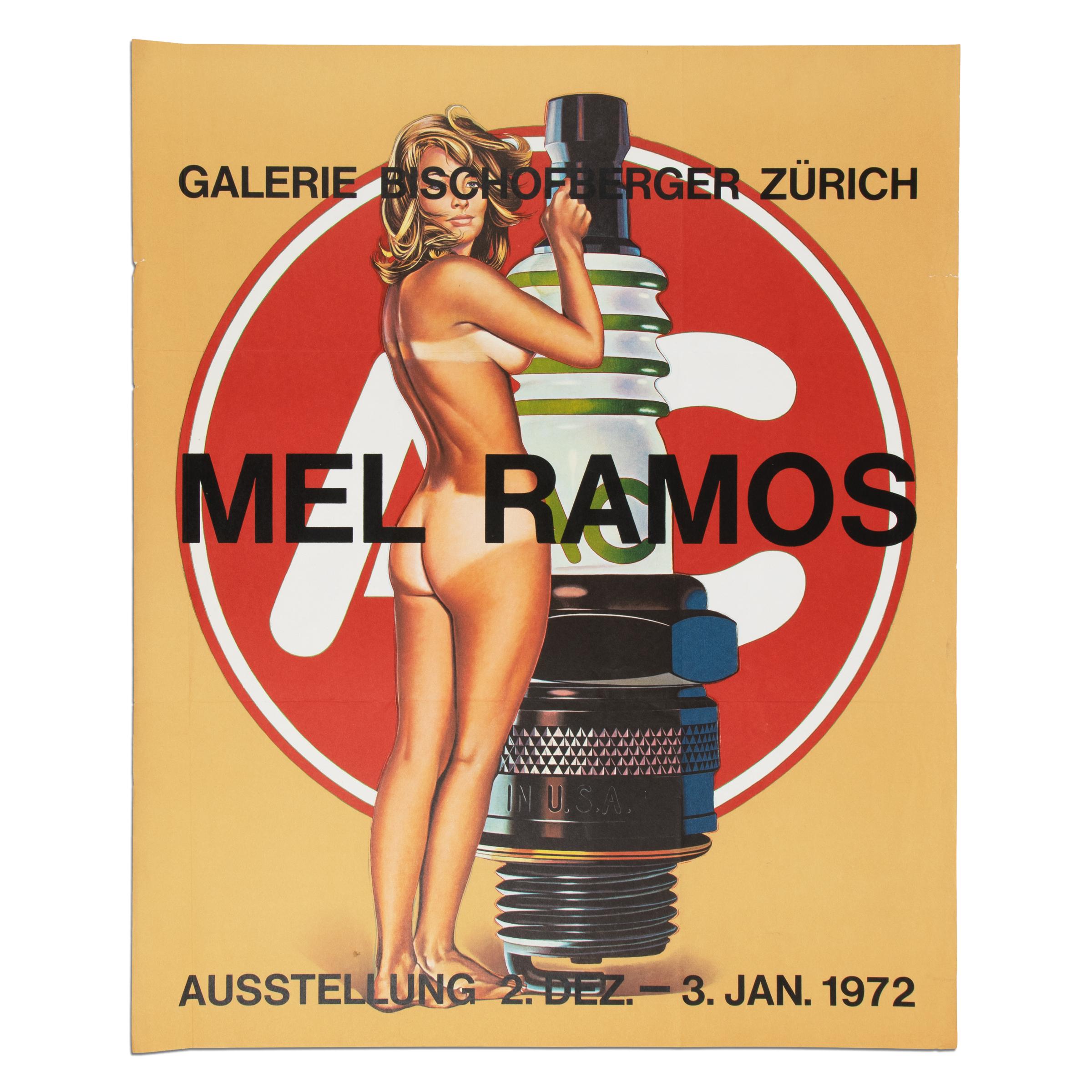 Affiche originale pour l
exposition "Mel Ramos" à la Galerie Bischofberger à Zürich en 1972.

La Gallery Bischofberger de Zürich est une galerie d
art contemporain renommée, fondée en 1963 par le marchand d
art et collectionneur suisse Bruno