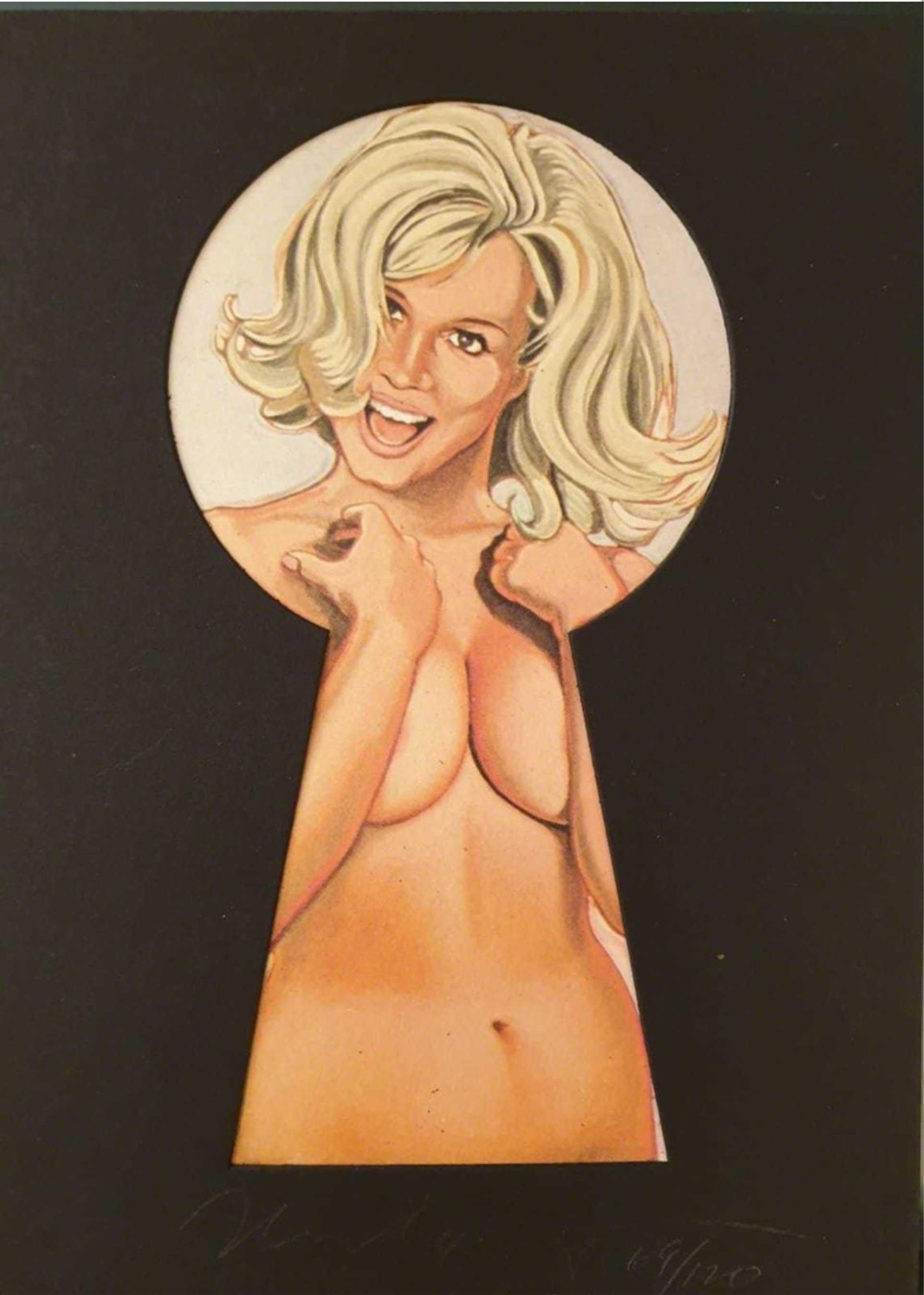 Mel Ramos Nude Print - Peekabooblonde, Lithograph, Pop and Contemporary Pop, Nude, Pastel Colors