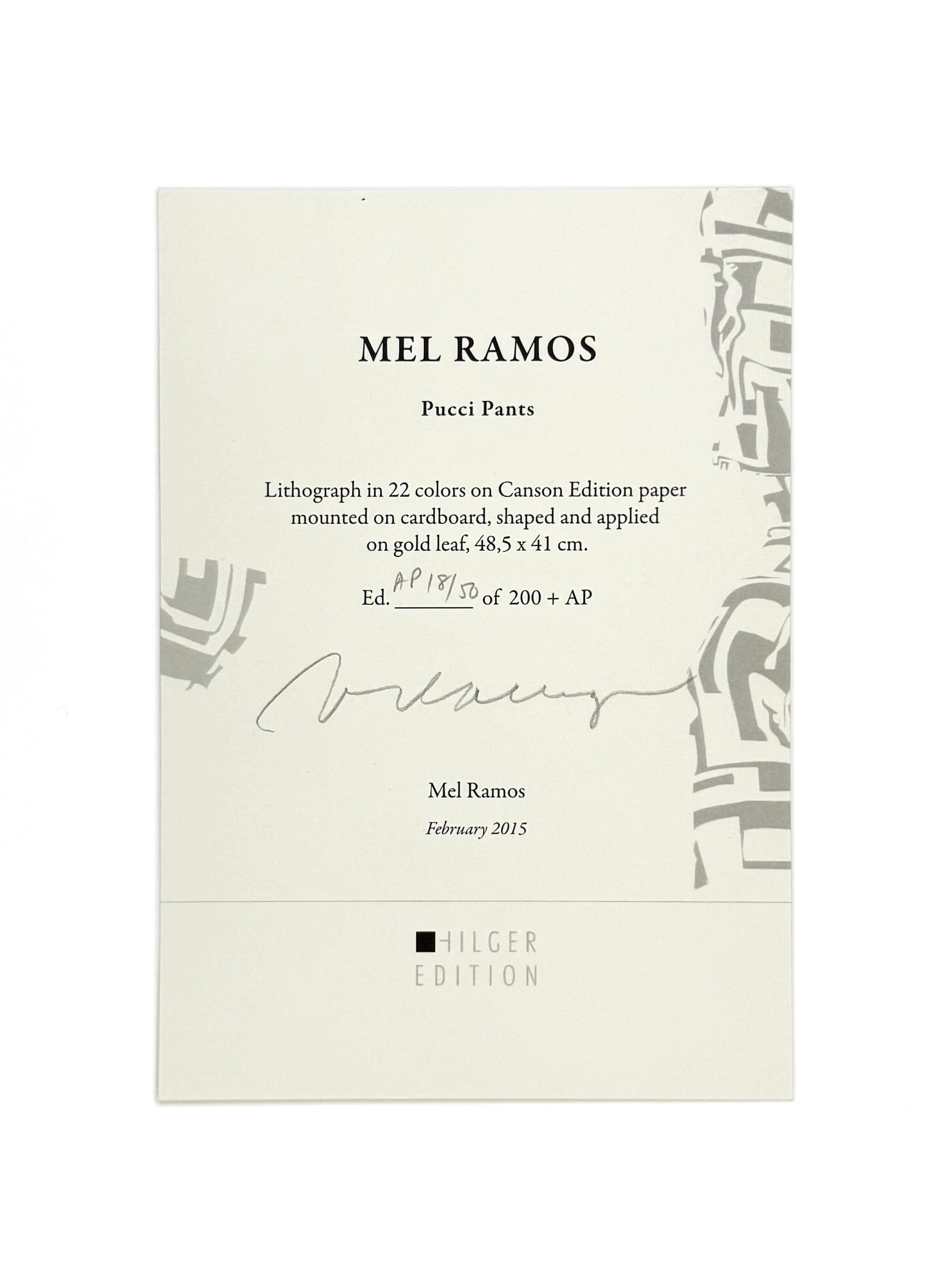 Litografía en 22 colores sobre papel Canson Edition montado sobre cartón, moldeado y aplicado sobre pan de oro.  Firmado a mano por Mel Ramos y editado AP 18/50 en hoja suplementaria.  Publicado por la Galería Ernst Hilger, Viena.  Impreso por