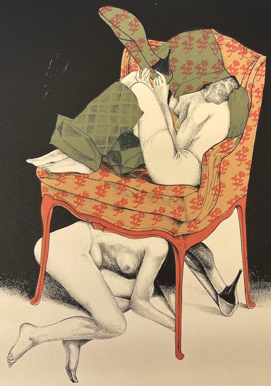  Two Nudes Posing With Armchair, Hand Drawn Stone Lithograph, Stiletto Heels - Print by Mel Ramos