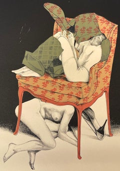 Two Nudes Posing With Armchair, Hand Drawn Stone Lithograph, Stiletto Heels