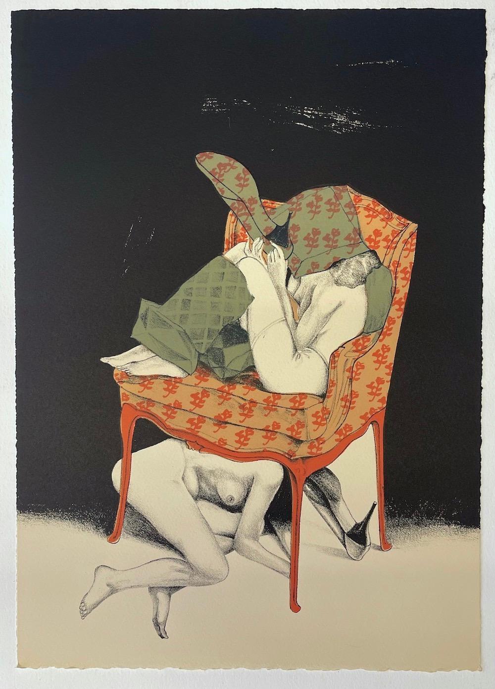  Two Nudes Posing With Armchair, Hand Drawn Stone Lithograph, Stiletto Heels - Realist Print by Mel Ramos