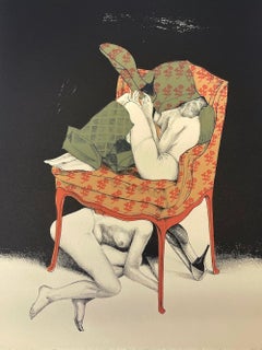  Two Nudes Posing With Armchair, Hand Drawn Stone Lithograph, Stiletto Heels