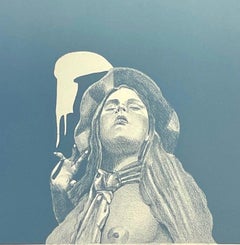 Young Girl Posing Beneath Chandelier, Slate Blue Lithograph, 1970s