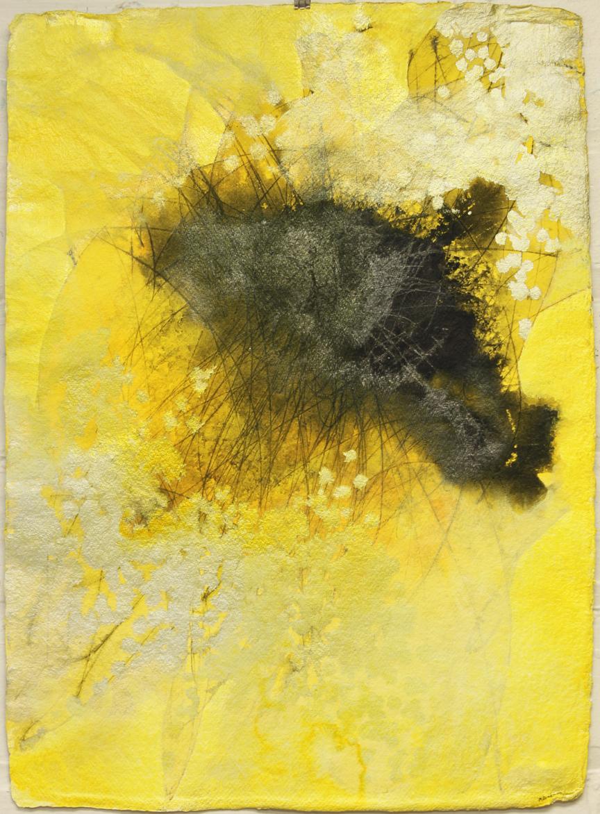 'Sing It to Me I' is a medium size ink, acrylic and powdered graphite on handmade watercolor paper abstract piece created by American artist Mel Rea in 2018. Featuring an exquisite palette made of black, white, gold and yellow, this work on paper