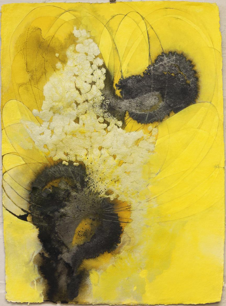 'Stand With Me I' is a medium size abstract ink, acrylic and powdered graphite on handmade cotton rag paper created by American artist Mel Rea in 2018. Featuring an exquisite palette made of black, white and yellow, this work on paper exudes an