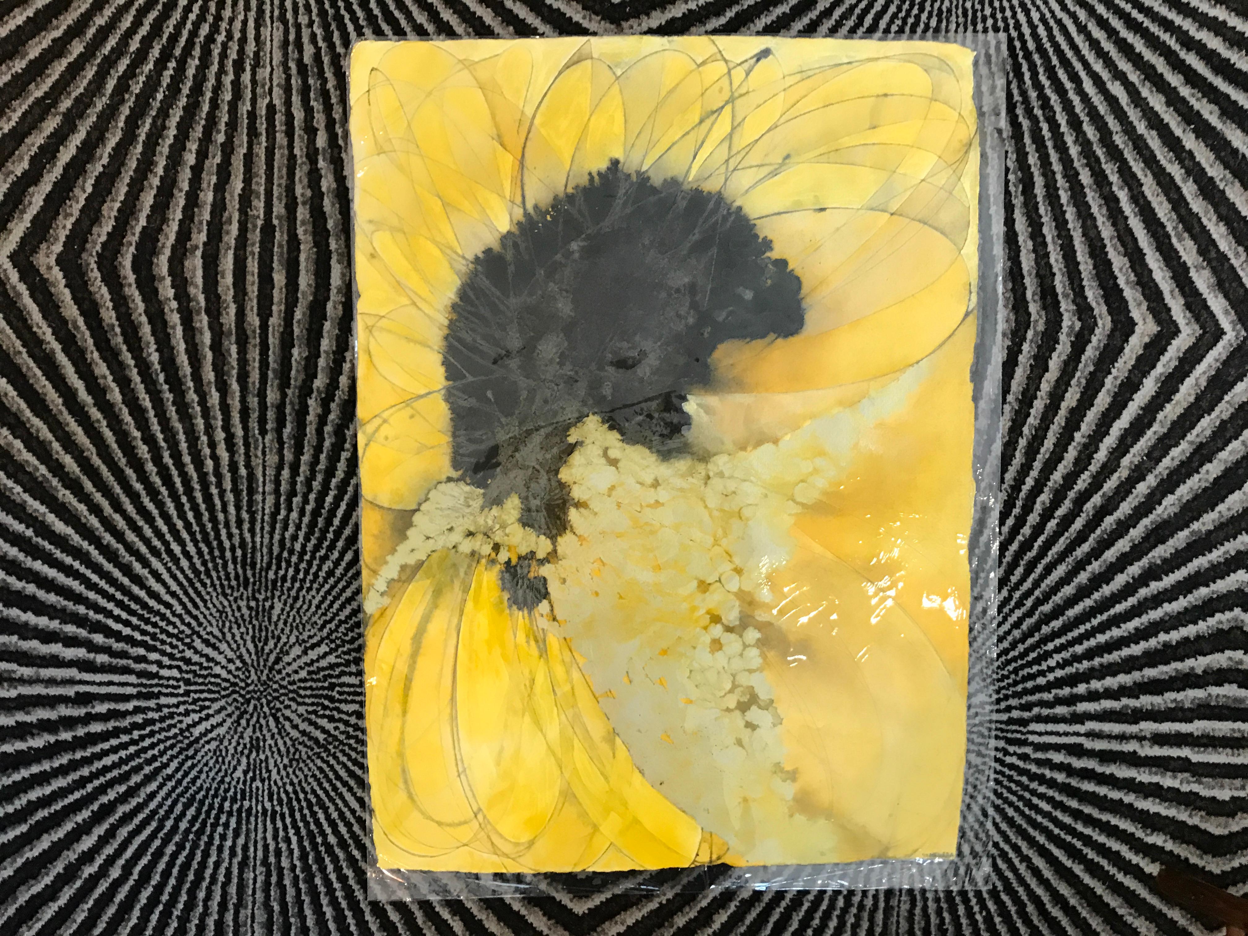 'Stand With Me III' is a medium size ink, acrylic and powdered graphite on handmade paper abstract piece created by American artist Mel Rea in 2018. Featuring a rich palette made of yellow, black and white, the painting is an abstracted depiction of