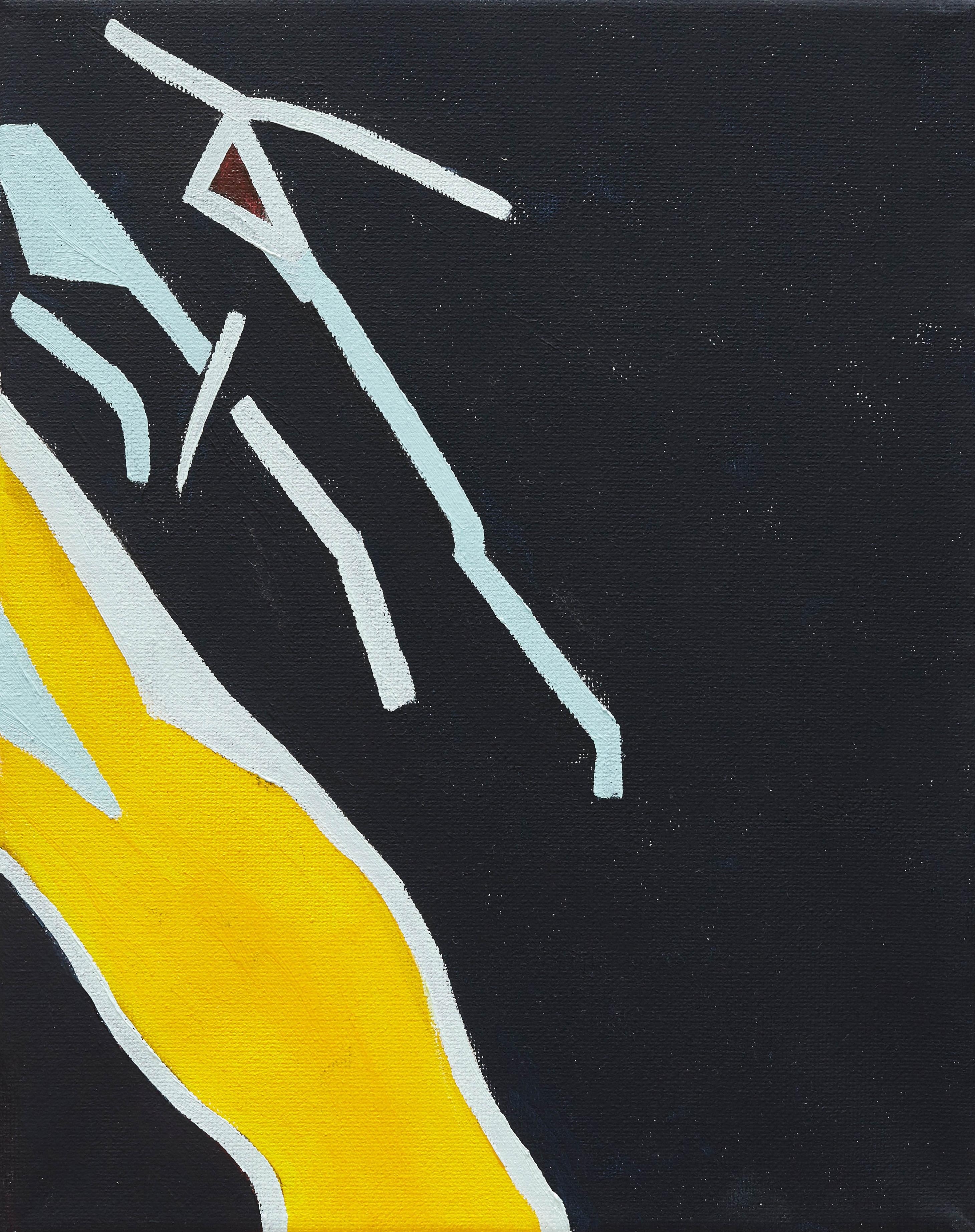 Mel Reese Abstract Painting – "Body Abstraction no. 14", zeitgenössische abstrakte Körperbemalung in Gelb und Marineblau