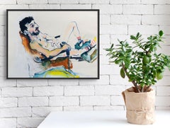 "Danny", lounging nude figure painting w/ pencil, gouache, and acrylic on paper