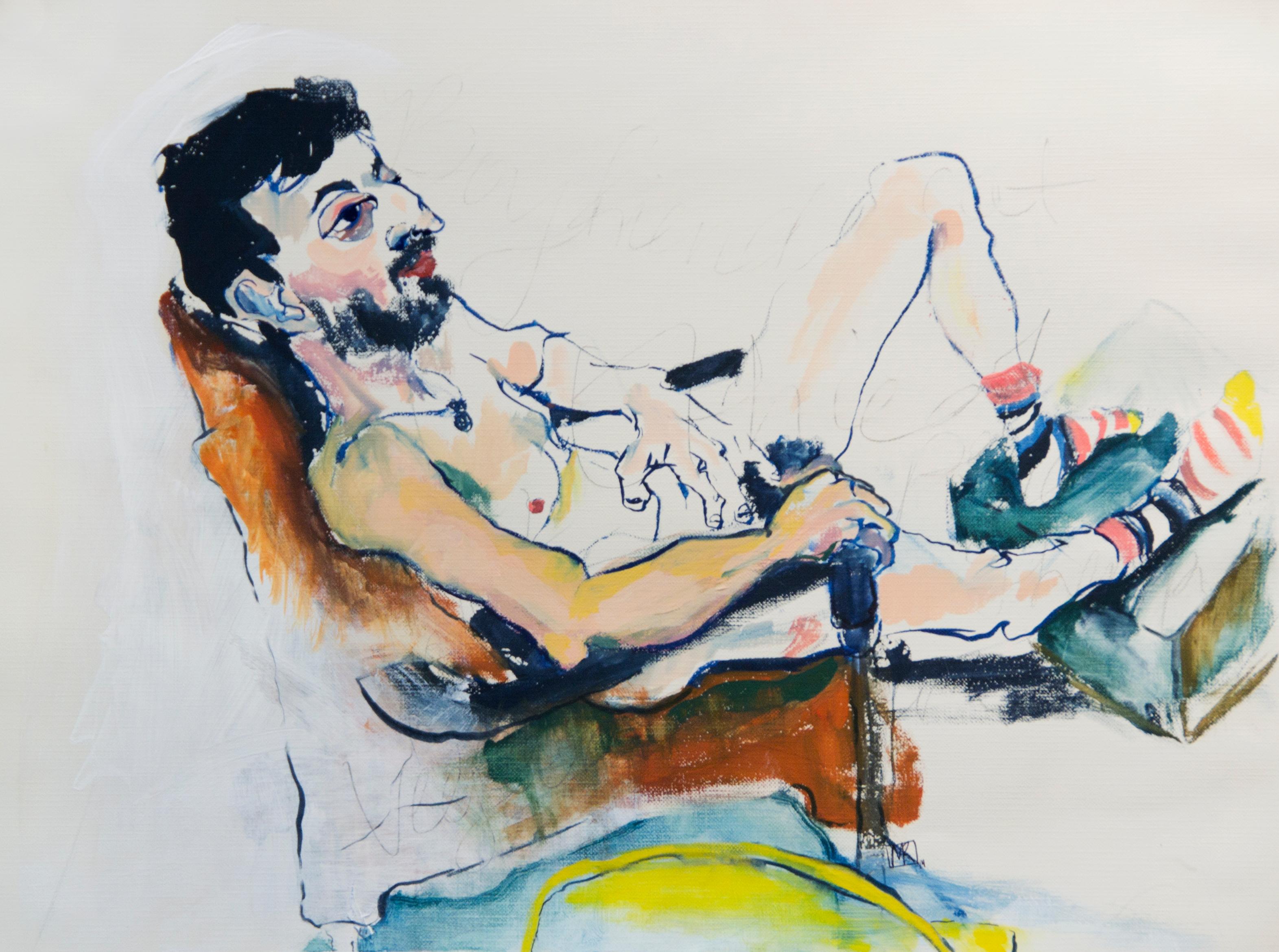 ""Danny", liegende nackte Figur, Gemälde mit Bleistift, Gouache und Acryl auf Papier