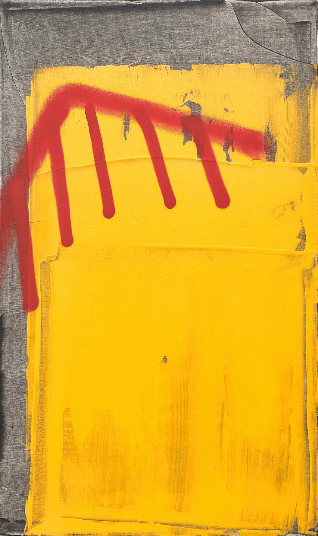 Mel Reese Figurative Painting – ""Domestic Violence"", zeitgenössisches gelbes und rotes abstraktes Acryl und Sprühfarbe