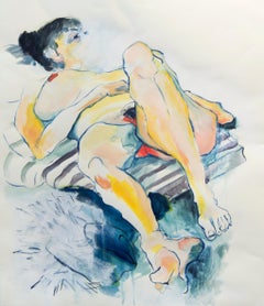 "Juliet", laying nude figure painting with pencil, gouache, and acrylic on paper