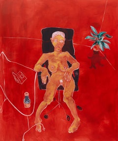 "Melanie", figure painting of nude female lounging in home office chair