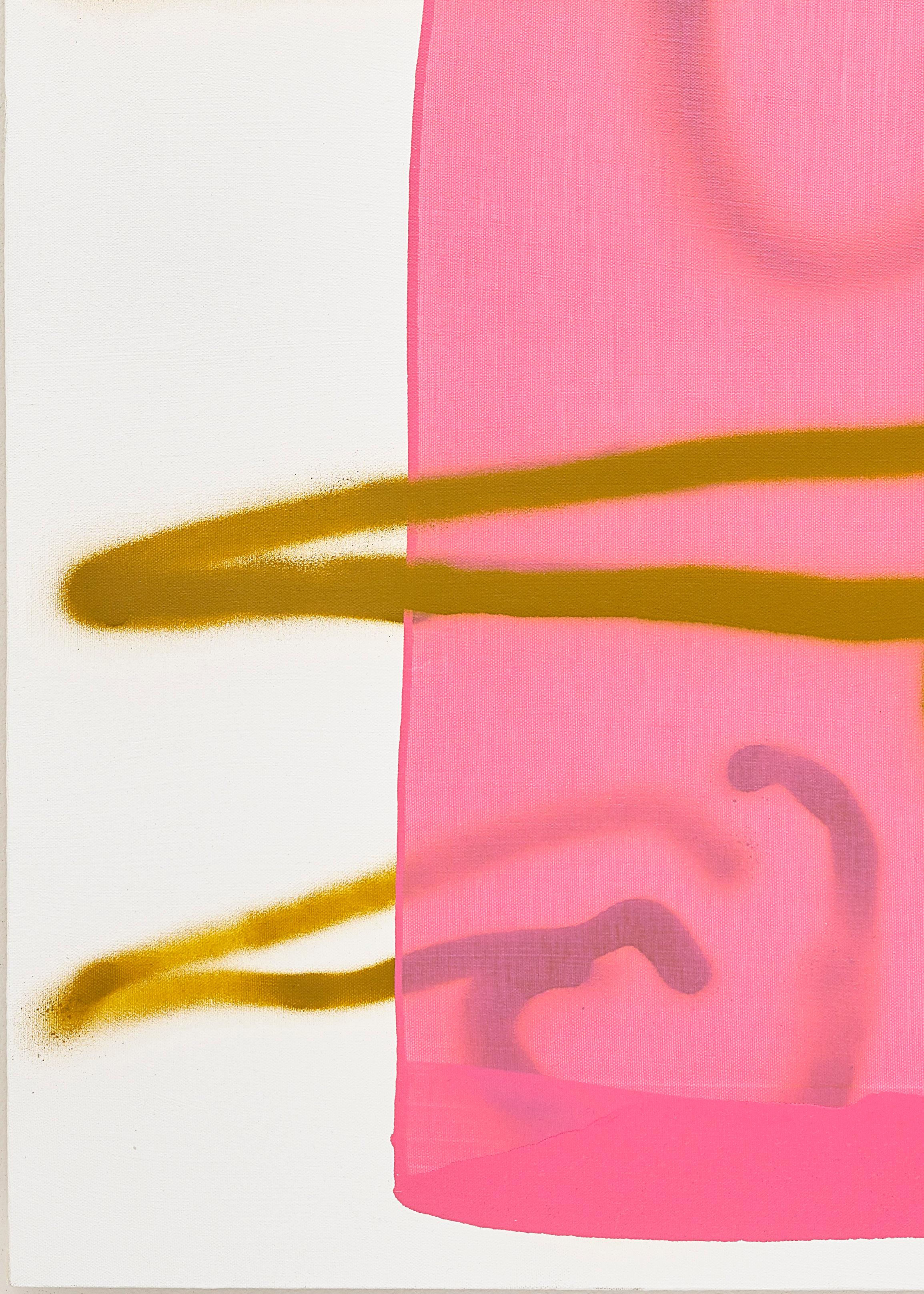 „“Misogyny“, zeitgenössische politische abstrakte Acryl- und Sprühfarbe in Rosa und Ockerfarbe (Abstrakt), Painting, von Mel Reese