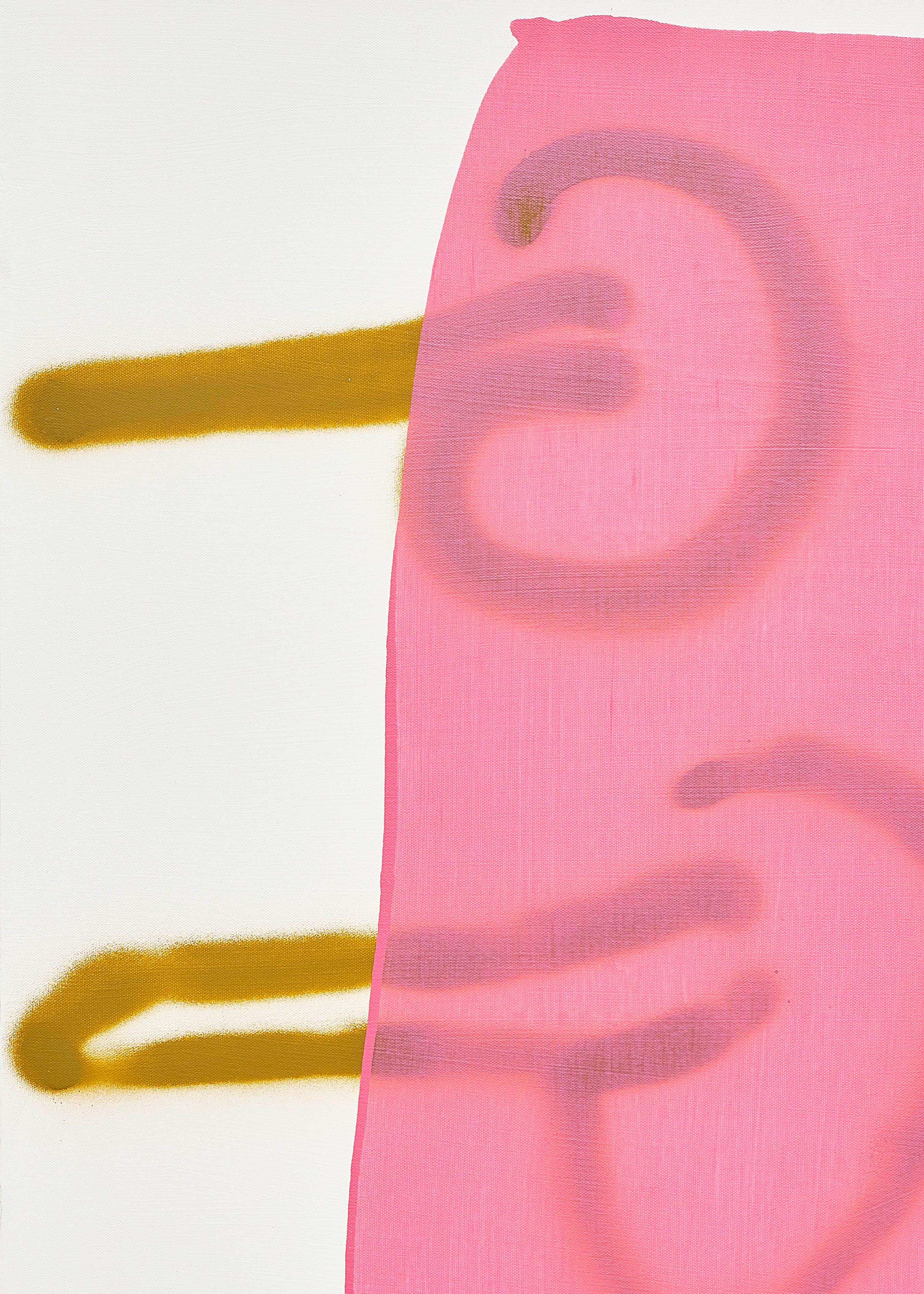 „“Misogyny“, zeitgenössische politische abstrakte Acryl- und Sprühfarbe in Rosa und Ockerfarbe (Pink), Abstract Painting, von Mel Reese
