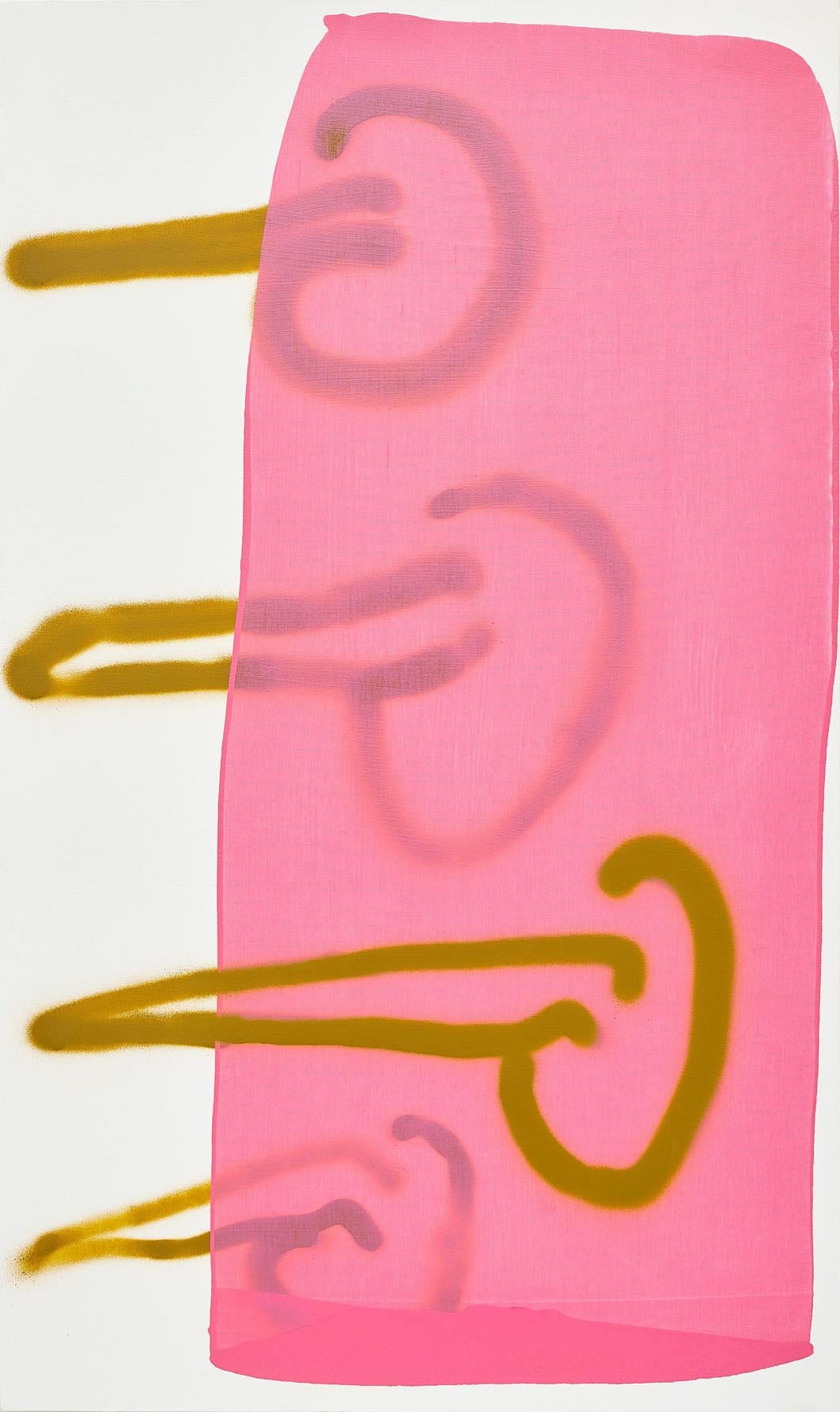 Mel Reese Abstract Painting – „“Misogyny“, zeitgenössische politische abstrakte Acryl- und Sprühfarbe in Rosa und Ockerfarbe