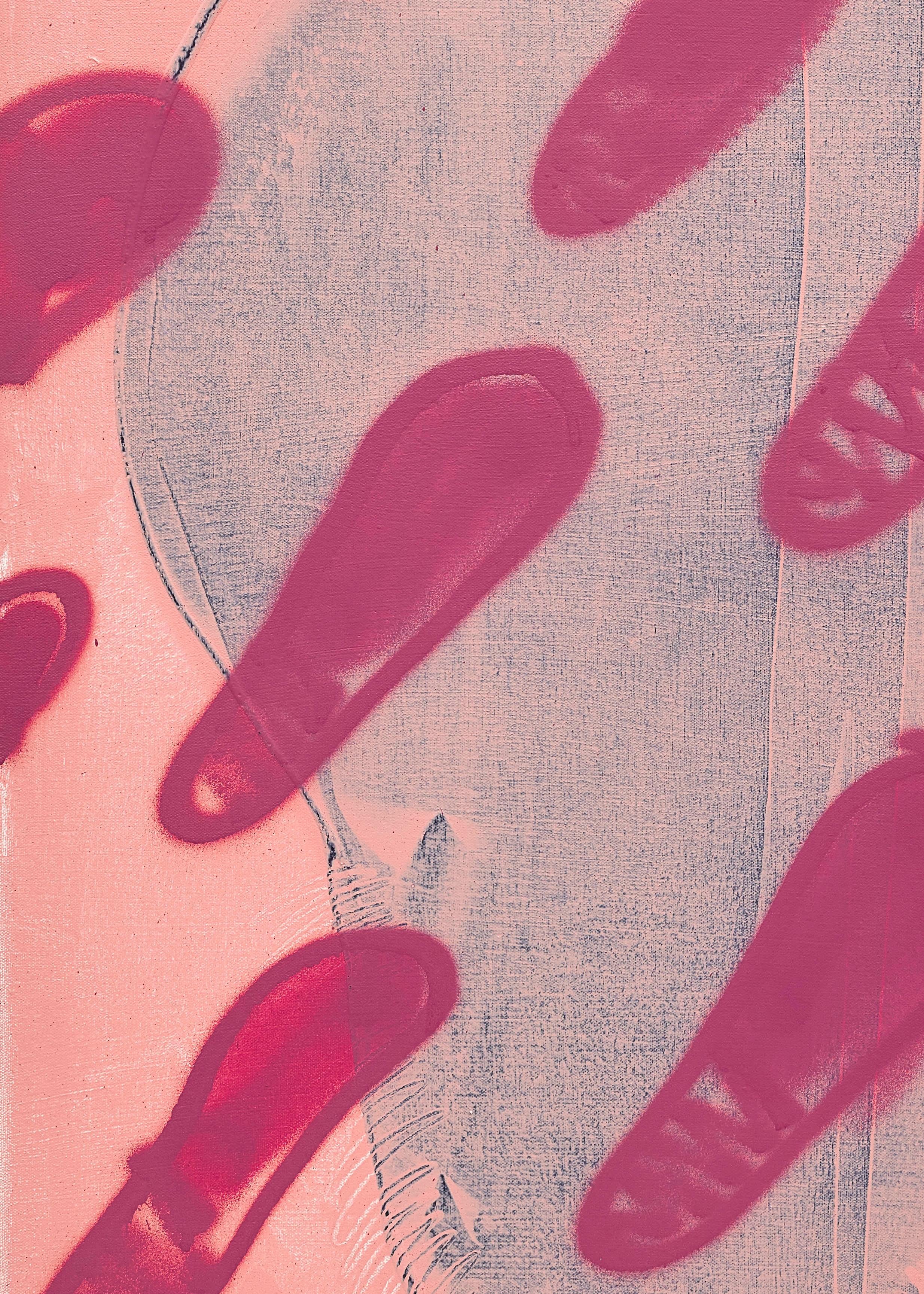 „Pink Tax“, zeitgenössische rosa gemusterte abstrakte Acryl- und Sprühfarbe auf Leinwand – Painting von Mel Reese