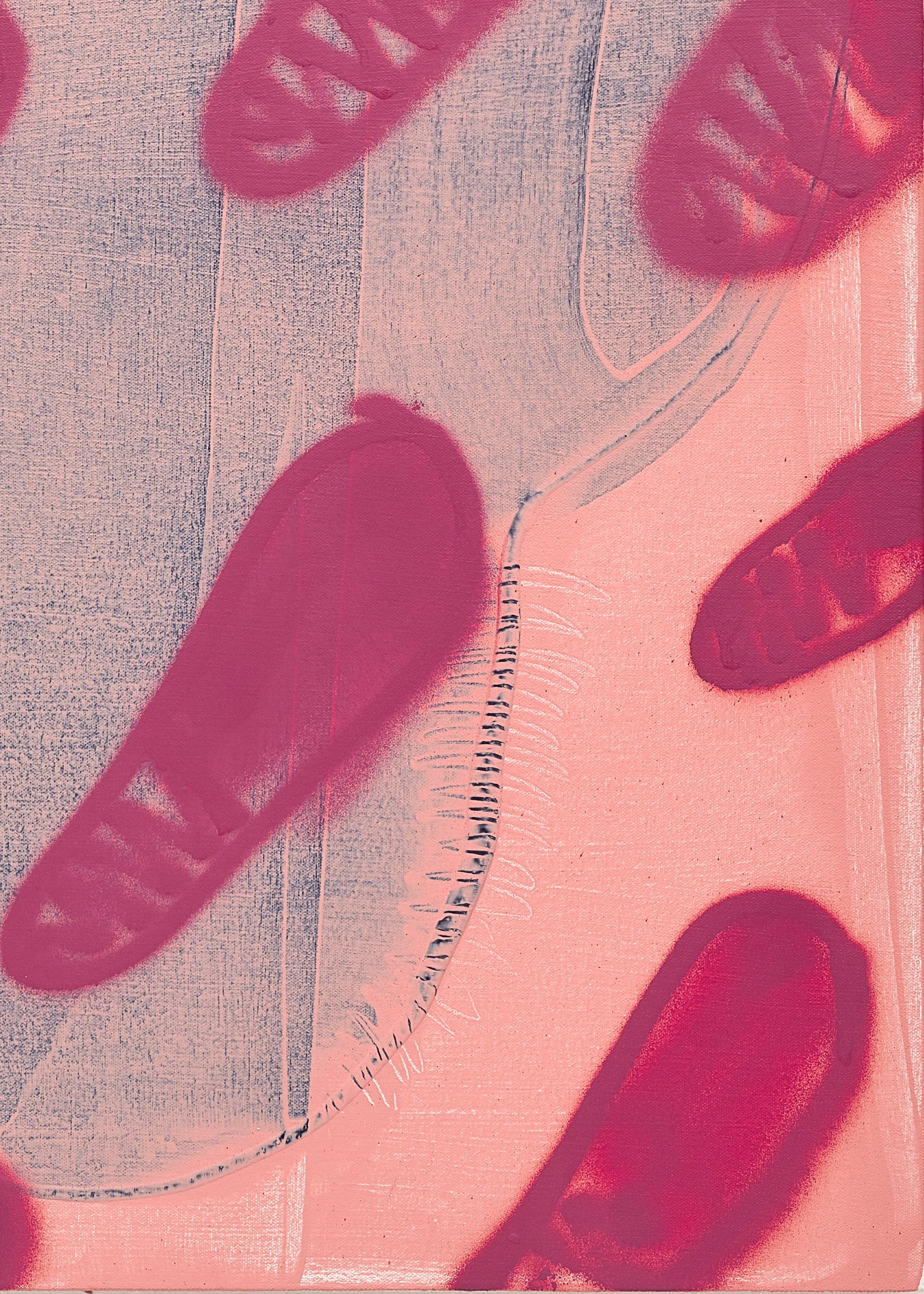 „Pink Tax“, zeitgenössische rosa gemusterte abstrakte Acryl- und Sprühfarbe auf Leinwand (Beige), Figurative Painting, von Mel Reese