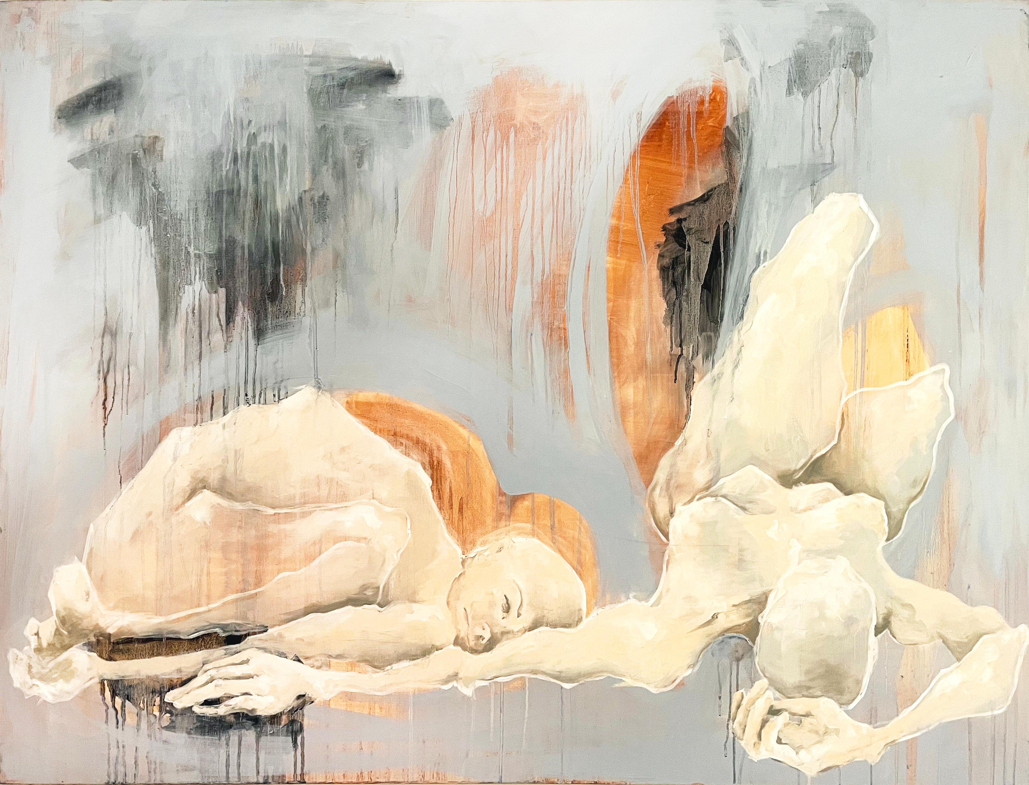 Mel Reese Nude Painting - "Skidmore Thesis 2", nude figures laying down, blue & brown
