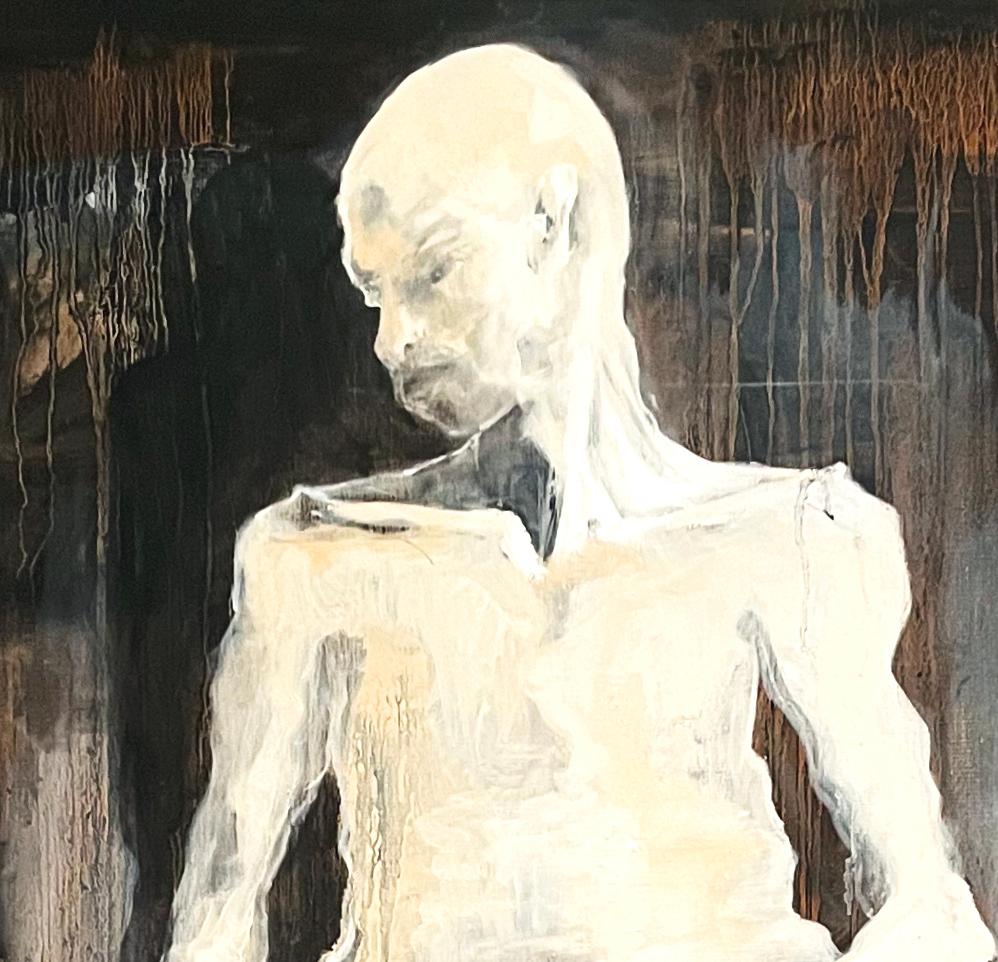 „Skidmore Thesis 3“, nackte Figuren mit ausgestellten Beinen, schwarze und braune Tropfen – Painting von Mel Reese