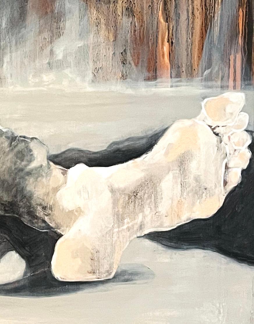 „Skidmore Thesis 3“, nackte Figuren mit ausgestellten Beinen, schwarze und braune Tropfen (Beige), Figurative Painting, von Mel Reese