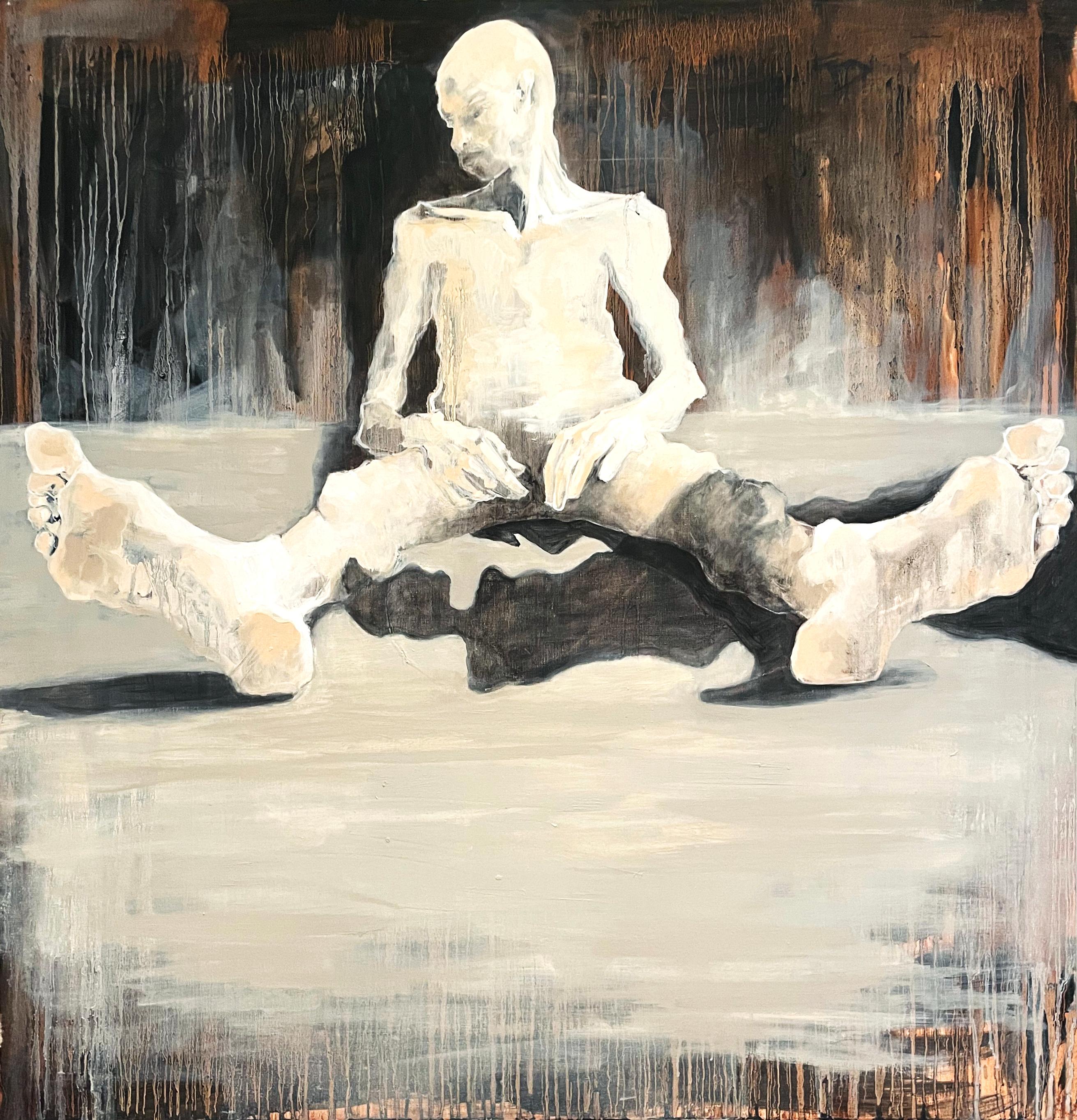 Mel Reese Figurative Painting - "Skidmore Thesis 3", nude figures sitting with legs out, black & brown drips