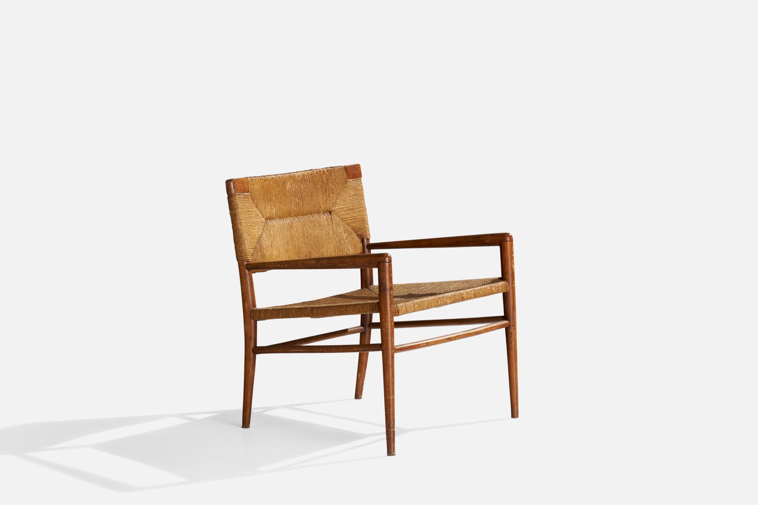 A wood and papercord lounge chair designed by Mel Smilow and produced by Smilow-Thielle, c. 1955.

Seat height 16”.