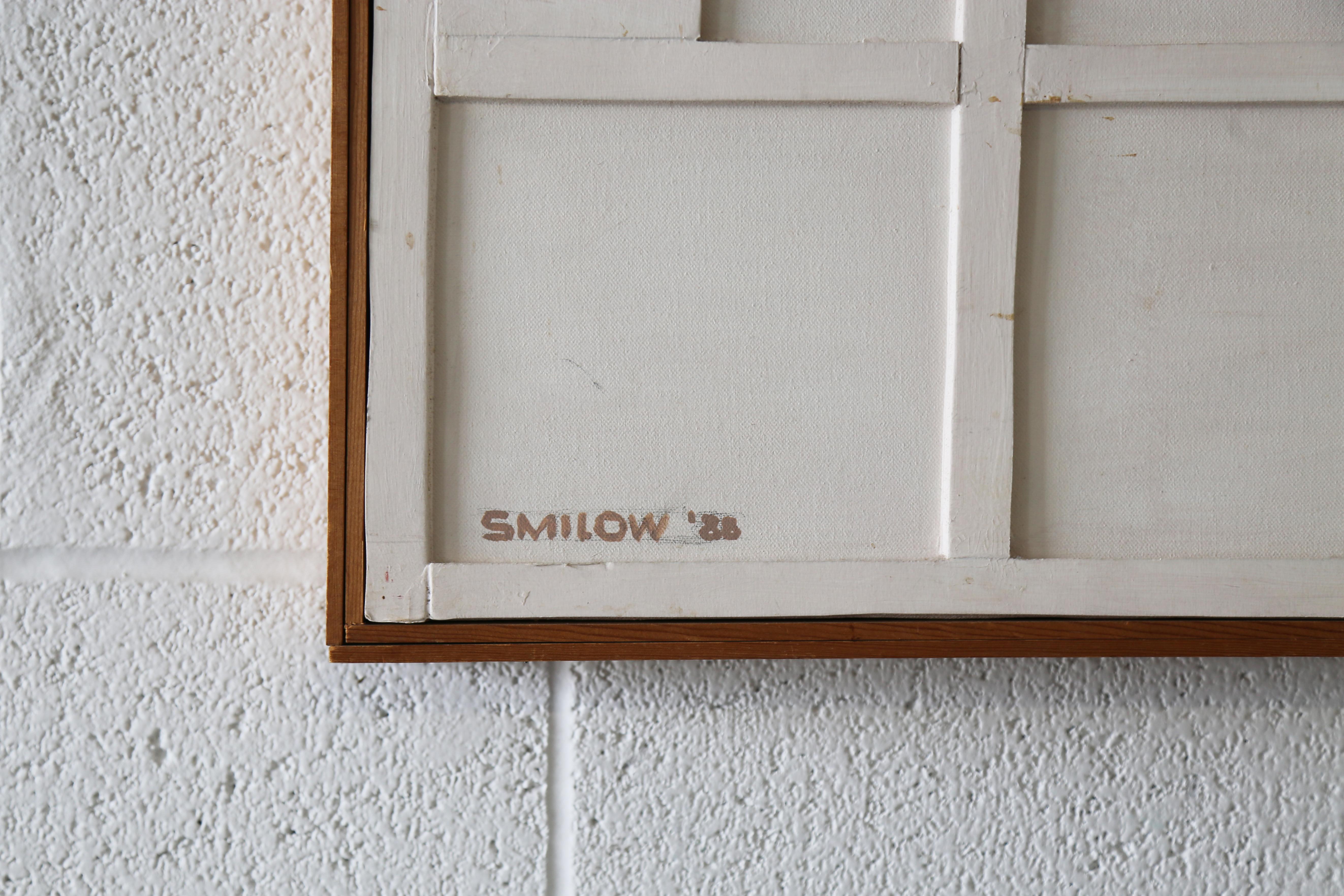 Mel Smilow, 1988, un conjunto de bloques de espuma recortados en una imagen abstracta moderna de formas ensambladas en un patrón cuadriculado, recubierto de acrílico blanco. Recortado en un fino pino de contraste.

Firmado.

Mel Smilow, el famoso