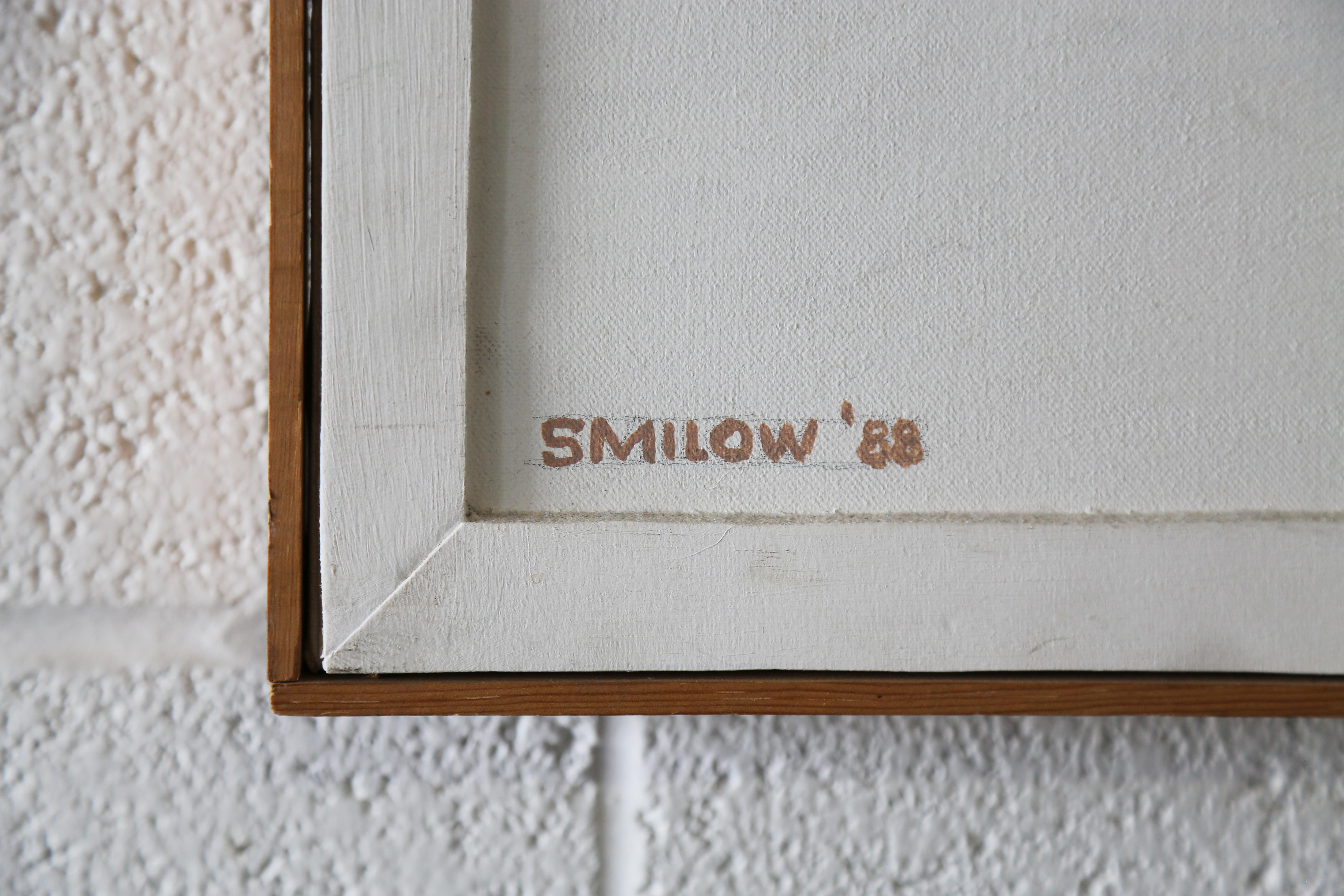 Mel Smilow, 1988, eine Assemblage aus geschnittenen Schaumstoffblöcken in einer Reihe von modernen abstrakten Formen, überzogen mit weißem Acryl. Mit einer dünnen, kontrastierenden Kiefer eingefasst.

Unterschrieben.

Mel Smilow, der berühmte