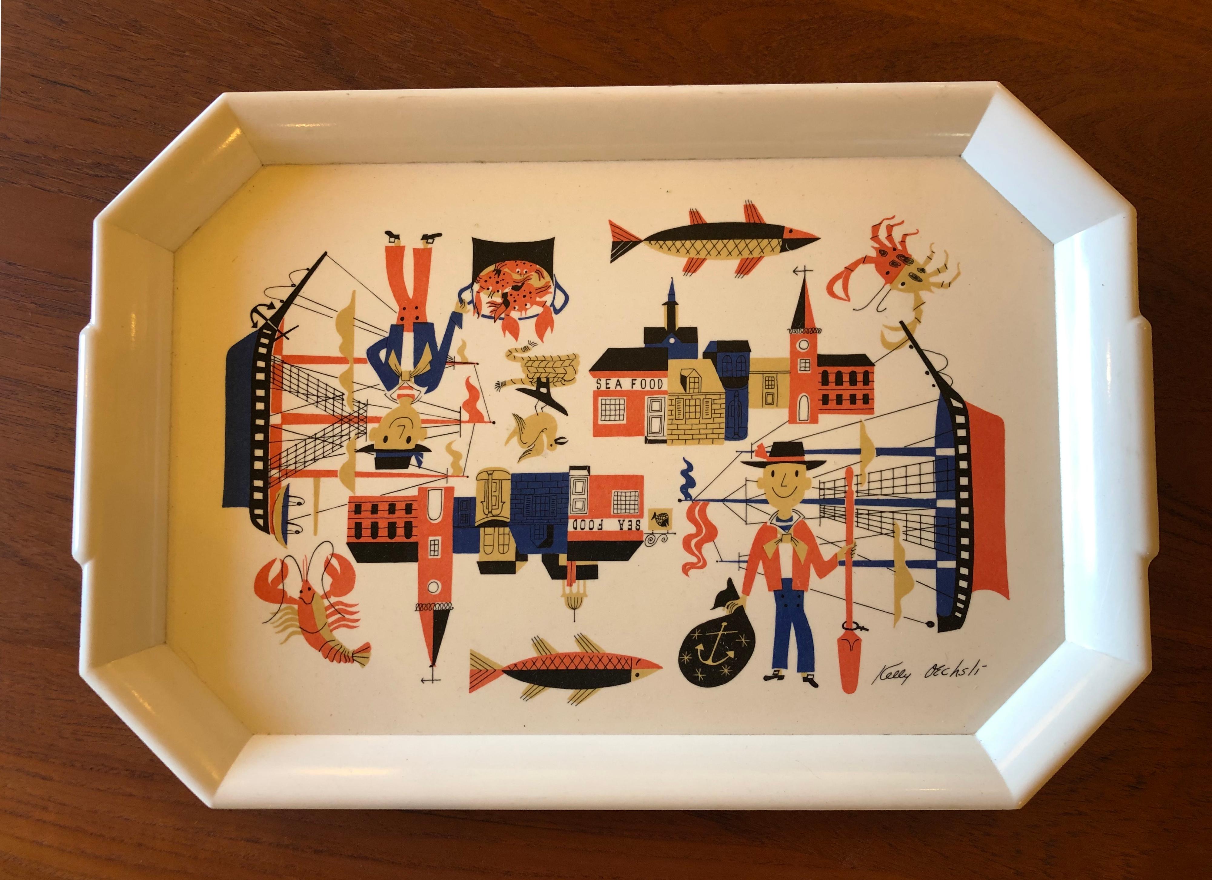 Whimsical and rare tray in melamine by Kelly Oechsli for Waverly Products circa 1970s. Great condition and design.