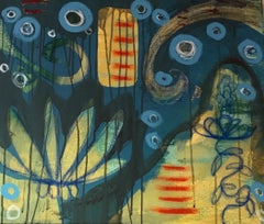 Prayer Path by Melanie Yazzie painting blue, green, red  yellow botanical Navajo