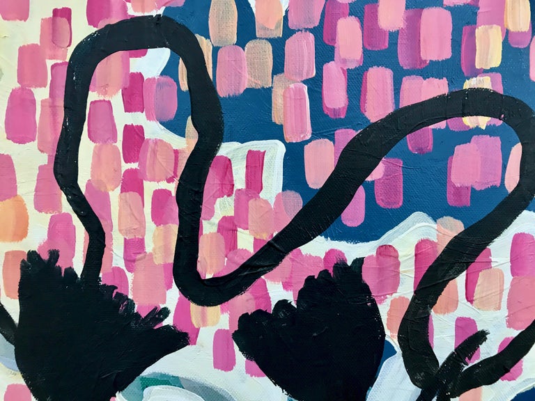 Summer Walk, Melanie Yazzie painting, rabbit flowers pink blue black yellow - Contemporary Painting by Melanie Yazzie