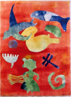 Carry It Forward, Melanie Yazzie Navajo monotype red blue green fish dragonfly