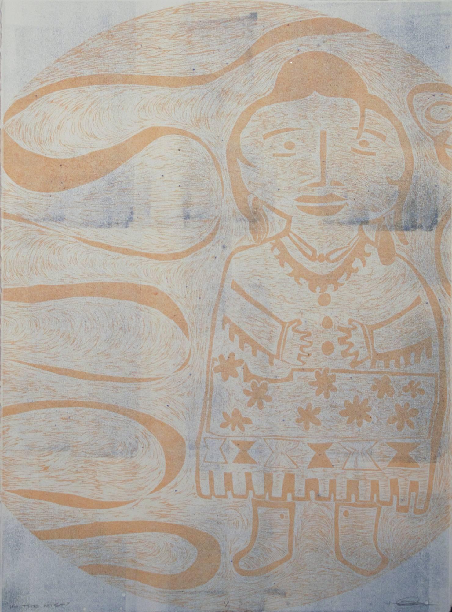 In The Mist, gravure sur bois, figure féminine Navajo jaune et blanche Melanie Yazzie