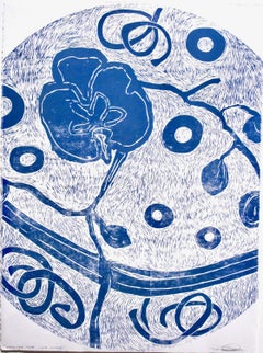 Keeping the Love Close, floral abstract blue white woodcut print Melanie Yazzie
