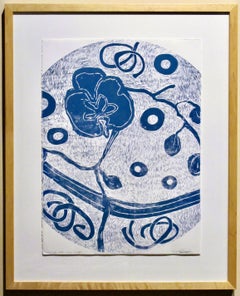 Keeping the Love Close, floral abstract blue white woodcut print Melanie Yazzie