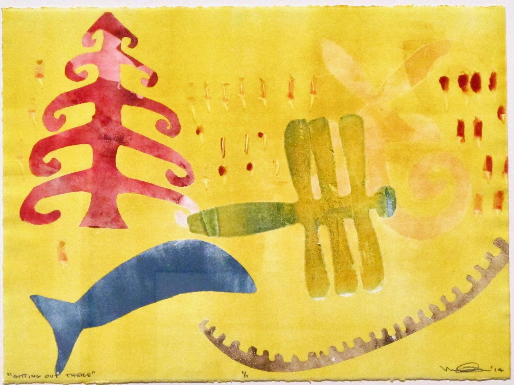 Sitting Out There, Melanie Yazzie, graveuse Navajo, monotype de libellule jaune en vente 1