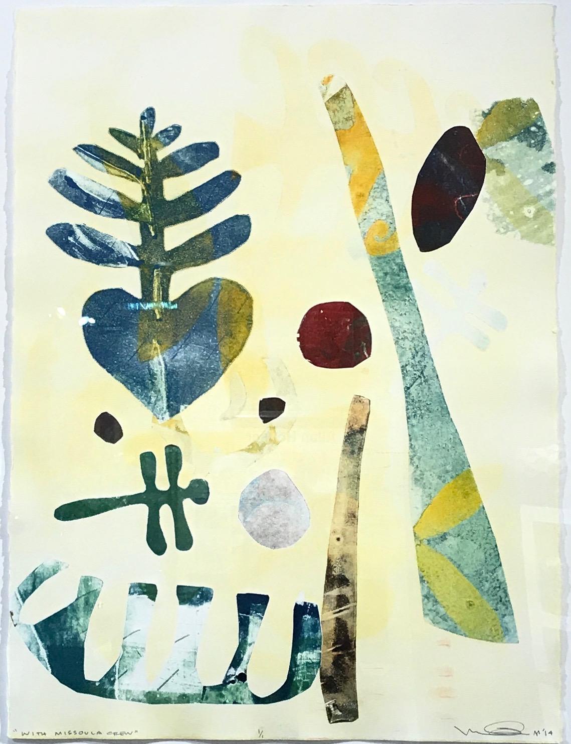 Die Missoula Crew, einzigartige Monotypie, Libelle, Herz, blau, rot, gelb und grün (Zeitgenössisch), Print, von Melanie Yazzie