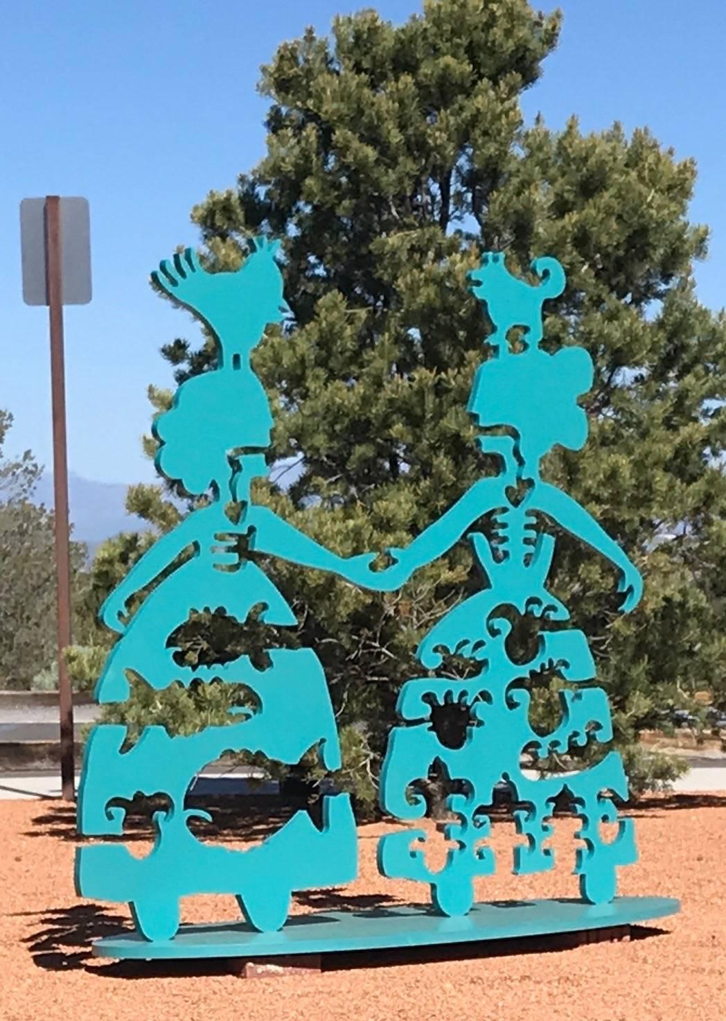 Making New Friends, teal aluminum sculpture Korean & Navajo Women outdoor heart - Sculpture by Melanie Yazzie