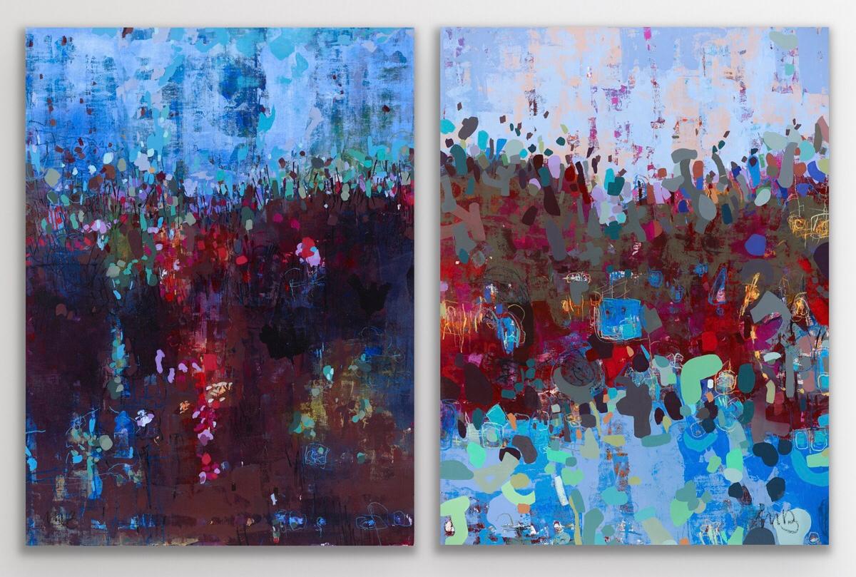 Melanie Berman Landscape Painting - Bird Song and Catch a Falling Leaf diptych
