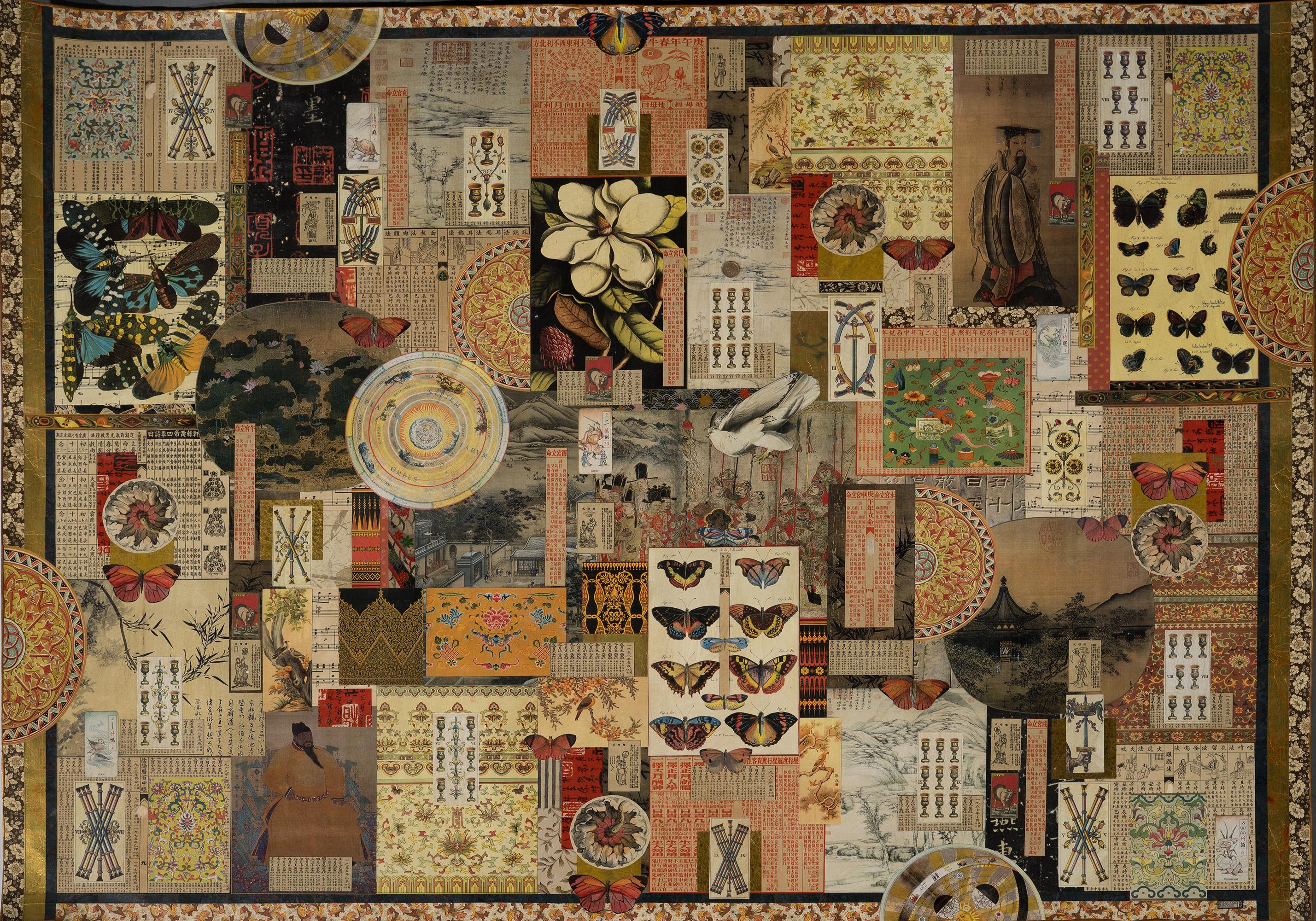 Ungerahmte Collage "Eternal" auf Kunstdruckpapier der Künstlerin Melanie Boone. Signiert Melanie Boone ©, datiert 2000 und betitelt "Eternal" verso. Die Collage zeigt Schmetterlinge, asiatische Bilder und Schriften sowie Musiknoten.