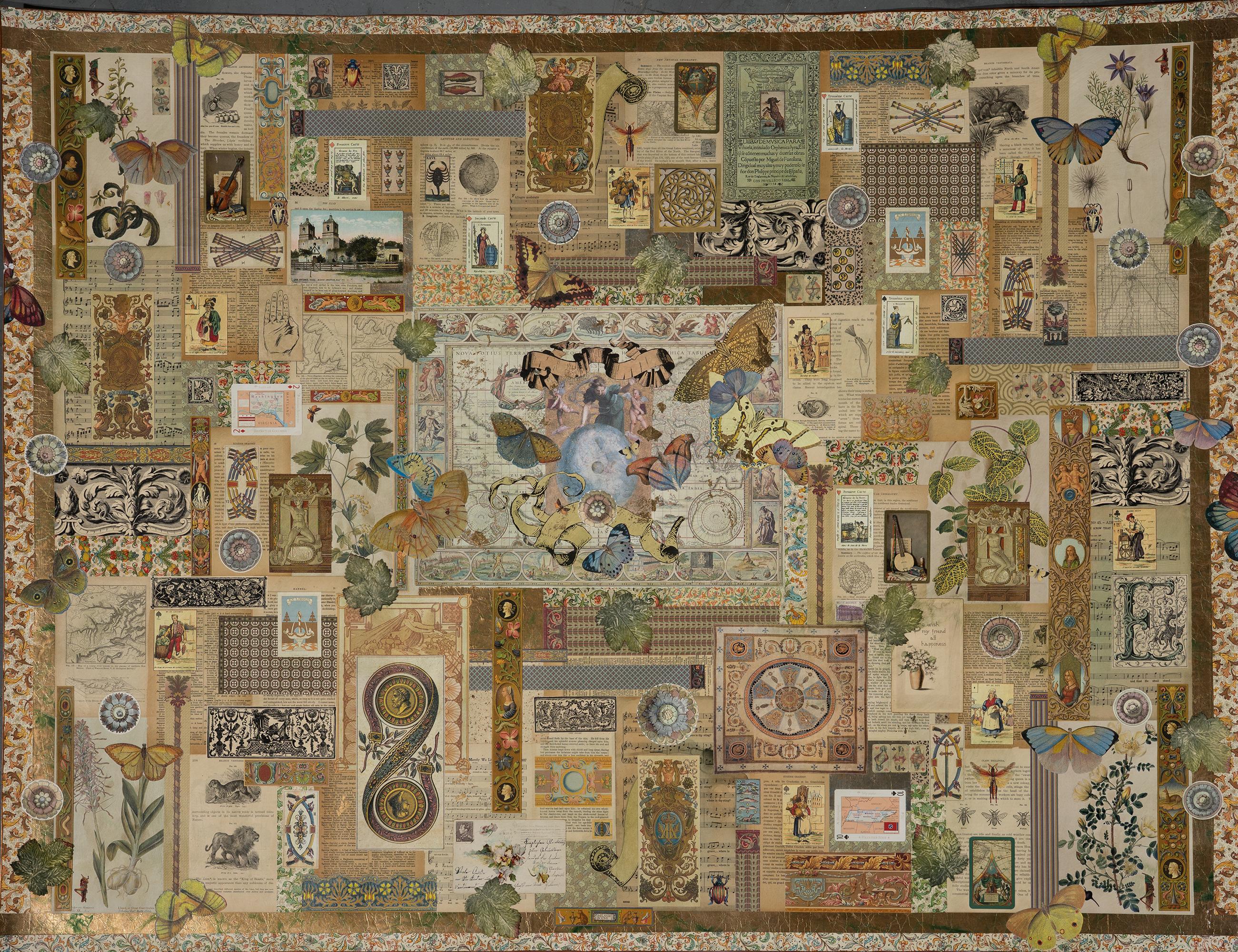 "Latitude" unframed collage on fine art paper by artist Melanie Boone. Signed Melanie Boone ©, dated 1998 and titled "Latitude" verso. Collage features butterflies, playing cards, maps, sheet music and pages from old books. Three-dimensional details