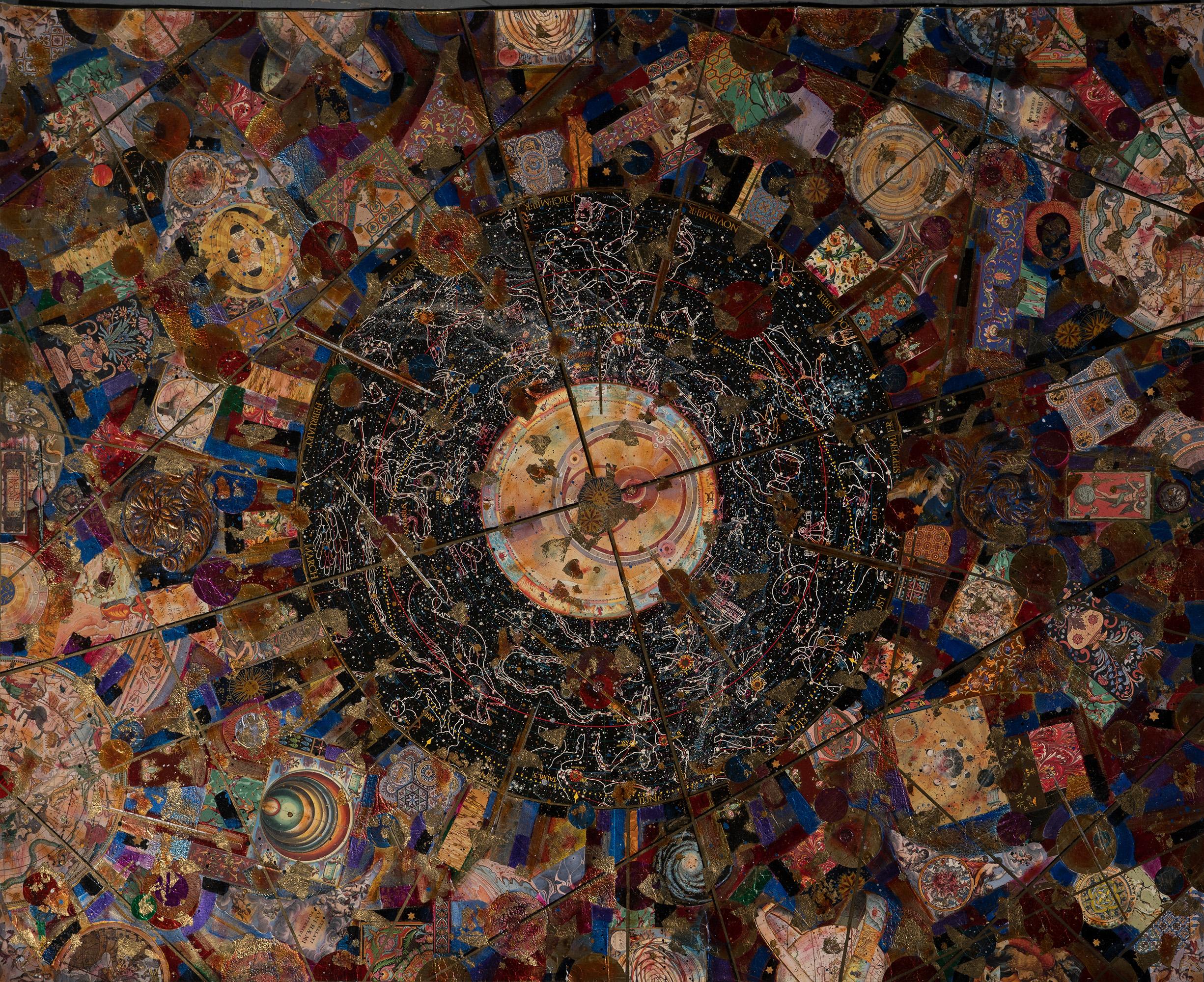 "Mercury" ungerahmte Collage auf Kunstdruckpapier der Künstlerin Melanie Boone. Signiert Melanie Boone ©, datiert 1994 und betitelt "Mercury" verso. Collage mit Zodiac/astrologischen Motiven und Metallakzenten. 