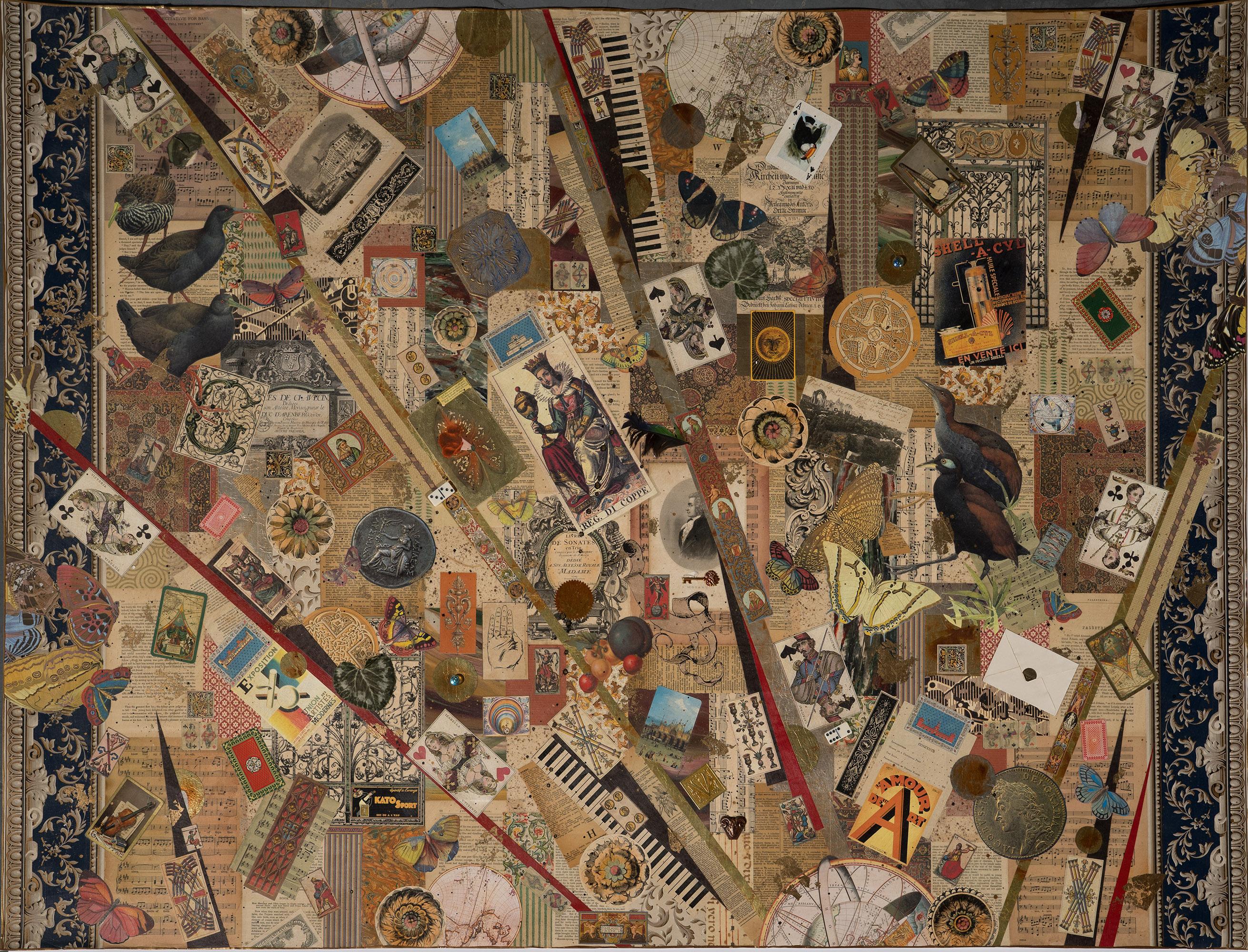 "El sueño de Mozart" collage sin enmarcar sobre papel artístico de la artista Melanie Boone. Firmado Melanie Boone ©, fechado en 1998 y titulado "El sueño de Mozart" en el verso. El collage incluye partituras e imágenes musicales. Los detalles