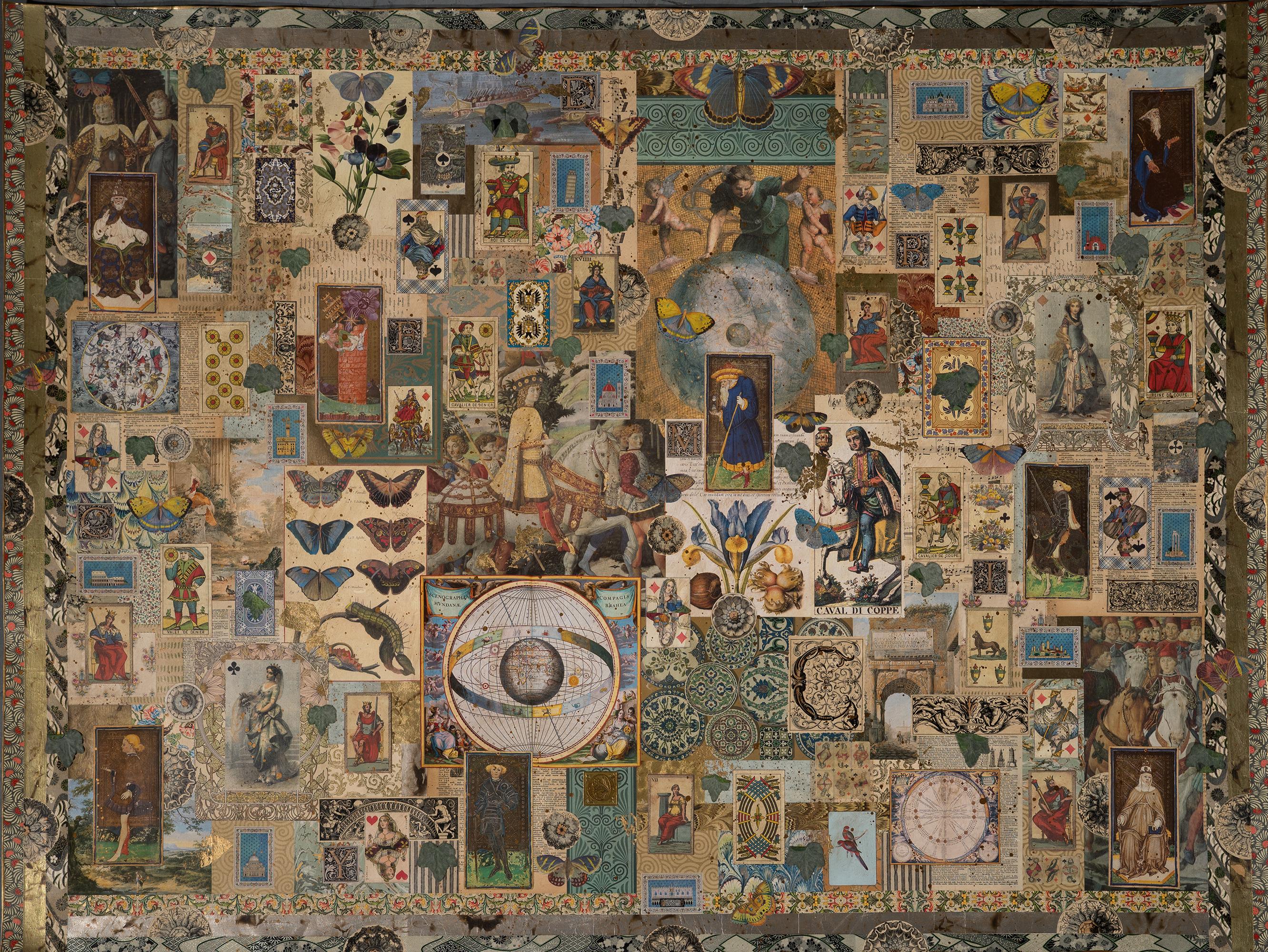 "Night Watch" unframed collage on fine art paper by artist Melanie Boone. Signed Melanie Boone ©, dated 1997 and titled "Night Watch" verso. Collage features globes, butterflies, and medieval figures.