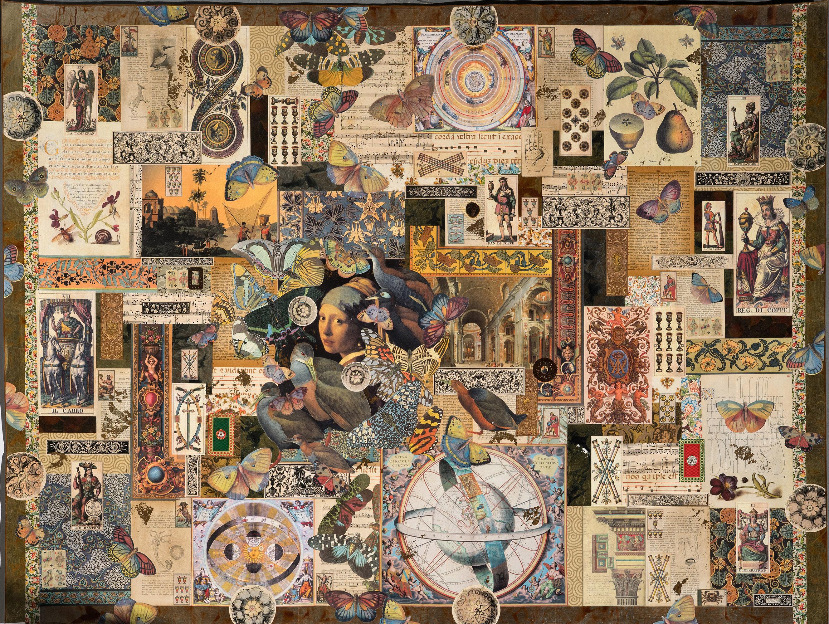 "Pygmalion" unframed collage on fine art paper by artist Melanie Boone. Melanie Boone collaged recto. Signed Melanie Boone ©, dated 1998 and titled "Pygmalion" verso. Collage imagery includes "Girl with the Pearl Earring," sheet music, birds,