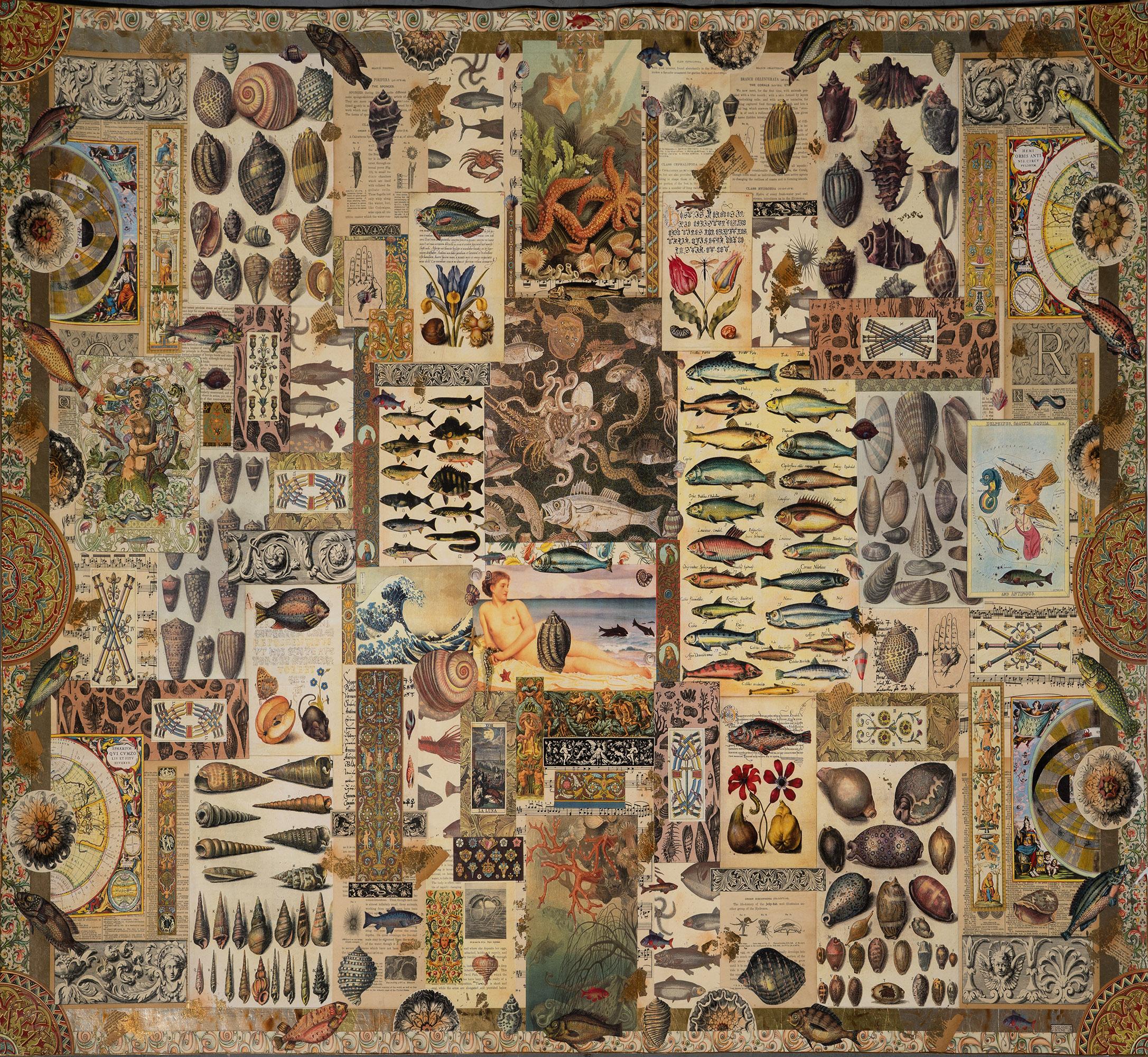 Ungerahmte Collage "Sea School" auf Kunstdruckpapier der Künstlerin Melanie Boone. Signiert Melanie Boone ©, datiert 2000 und betitelt "Sea School" verso. Die Collage zeigt ein dreidimensionales Seepferdchen, einen Seestern und eine Muschel sowie